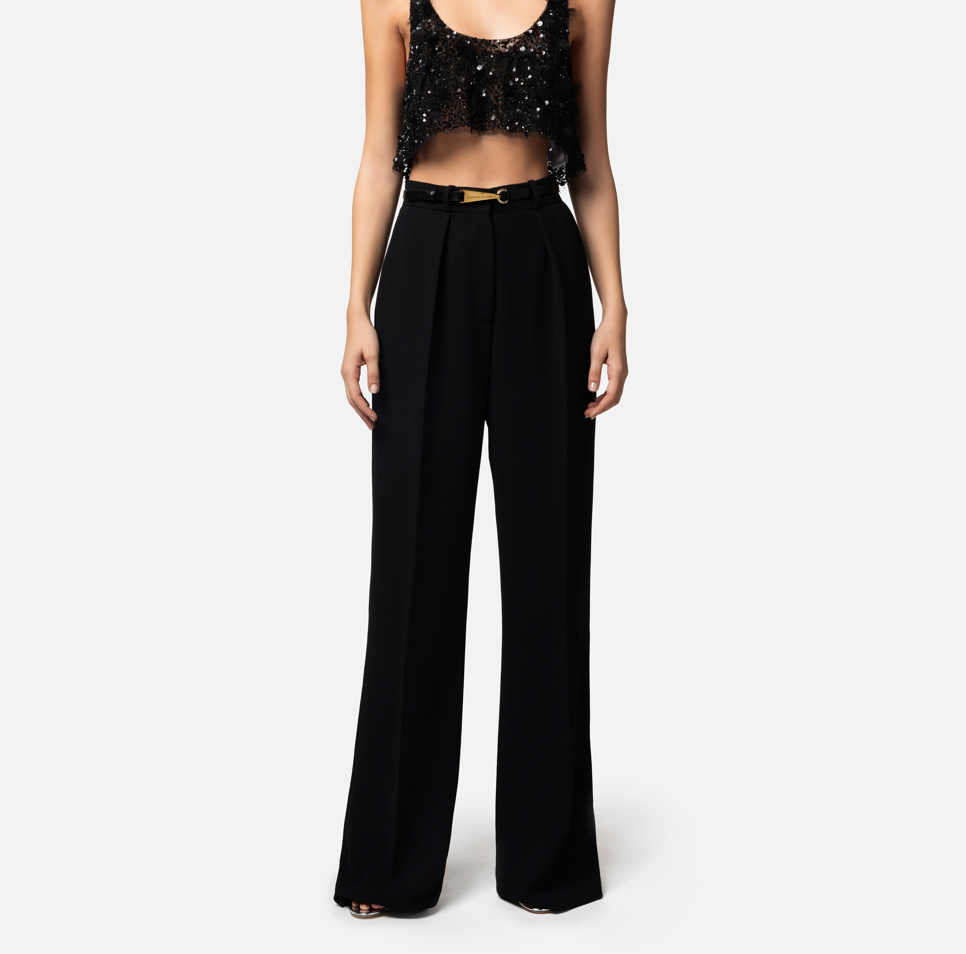 Pantalone dritto in crêpe leggero con moschettone - Elisabetta Franchi® Outlet