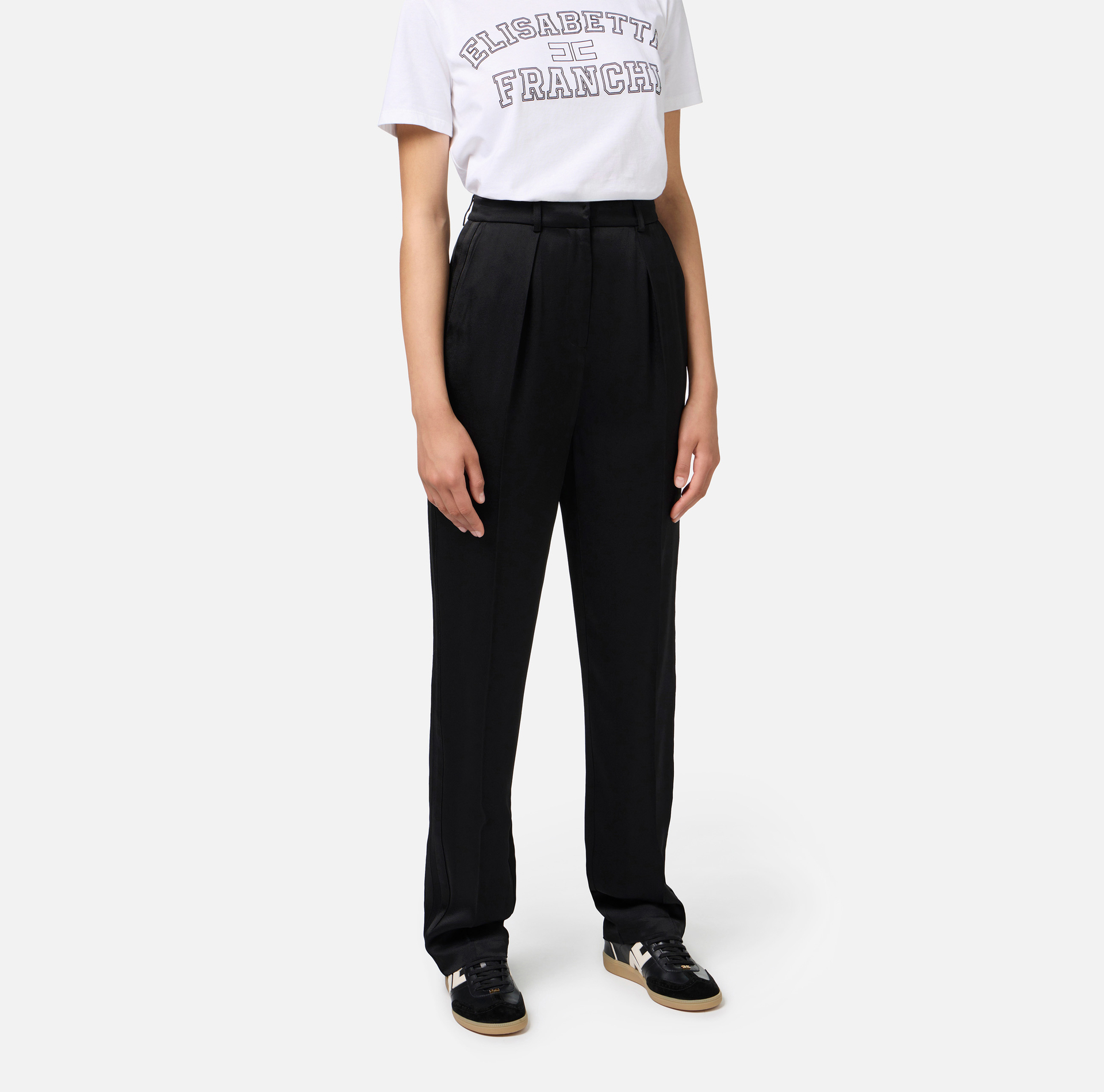 Gerade geschnittene Hose aus Satin mit Galonstreifen aus Satin - Elisabetta Franchi® Outlet