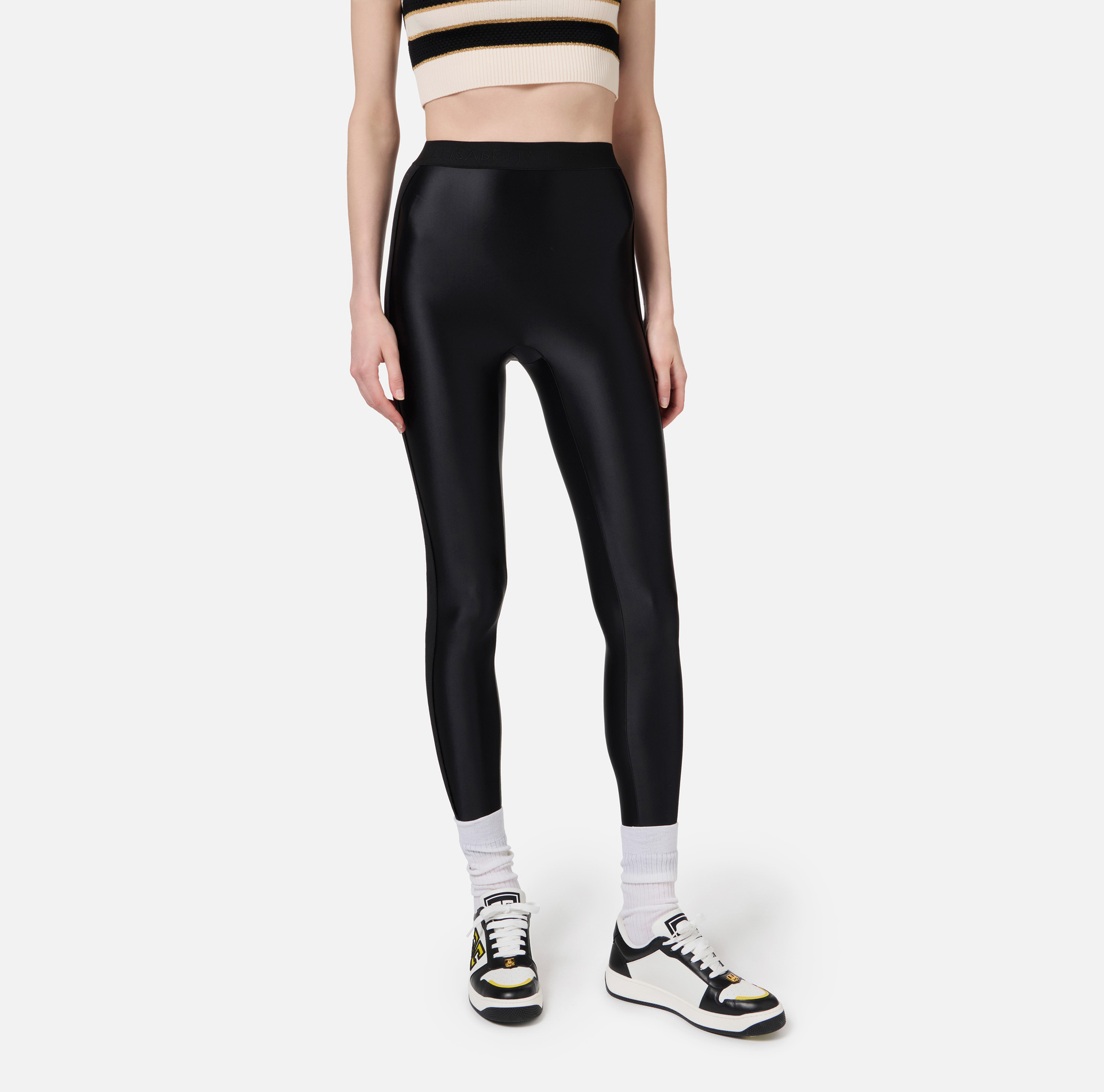 Leggings en lycra brillant avec élastique à logo - Elisabetta Franchi® Outlet