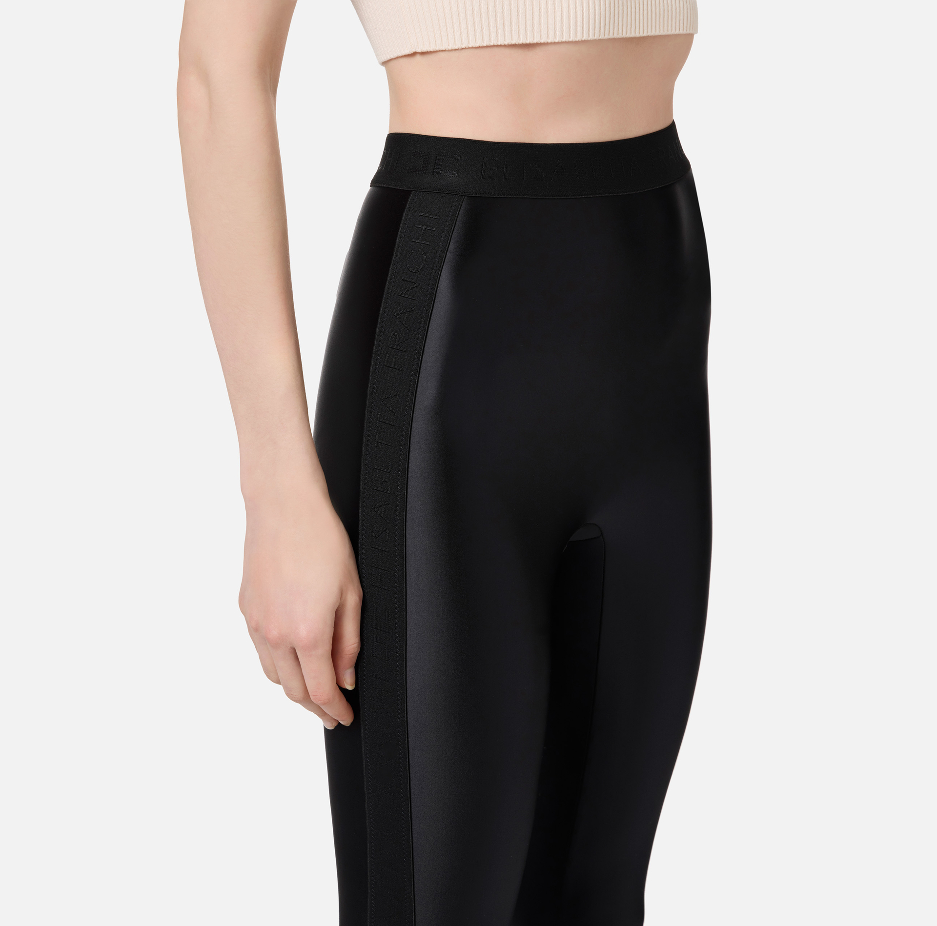 Leggings en lycra brillant avec élastique à logo - Elisabetta Franchi® Outlet