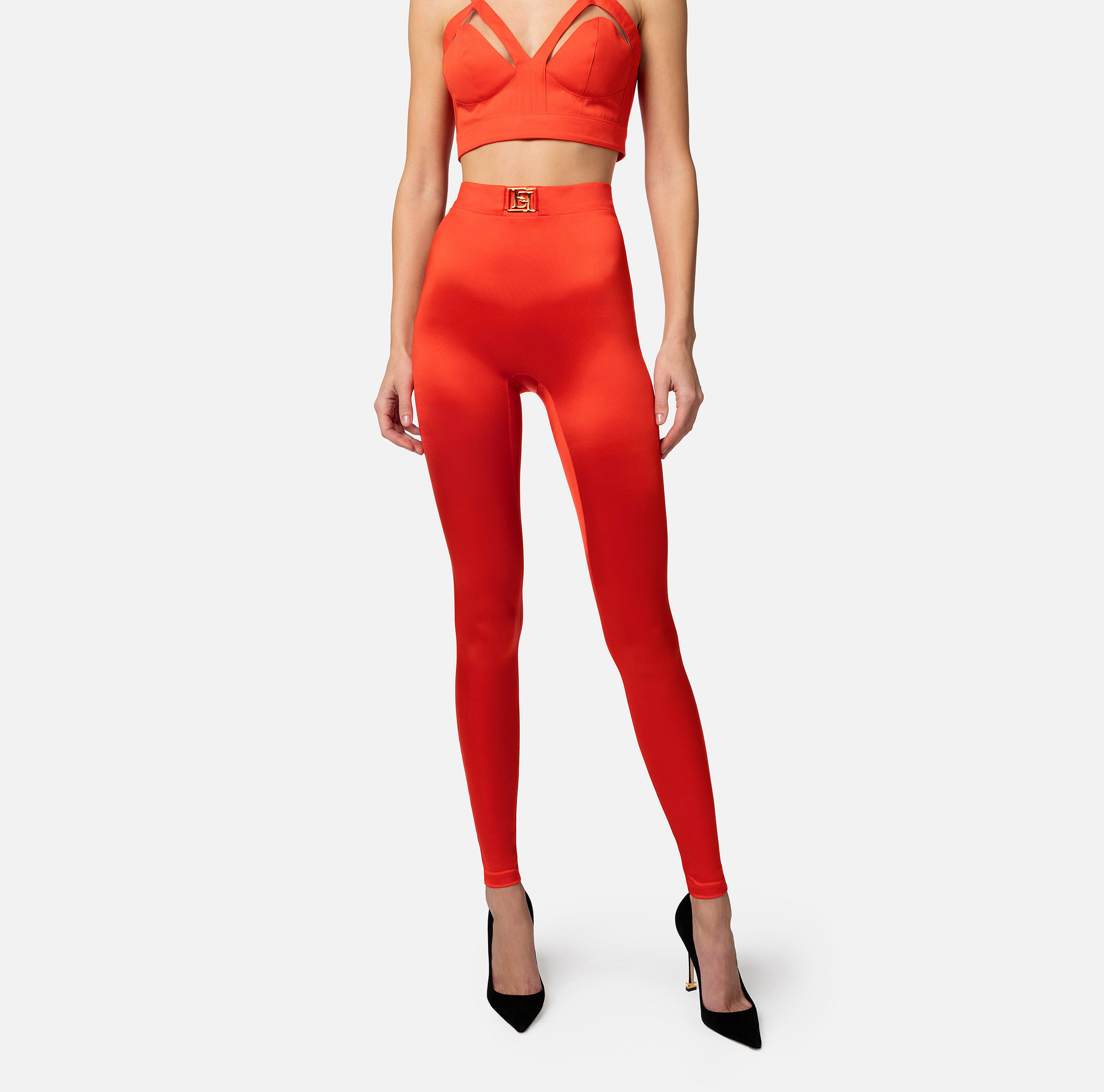 Lycra leggings with logo plaque - Elisabetta Franchi® Outlet