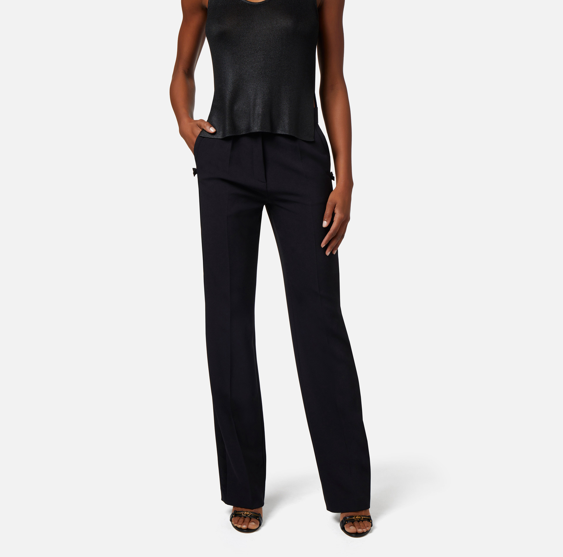 Pantalon droit en crêpe léger avec bande en satin - Elisabetta Franchi® Outlet