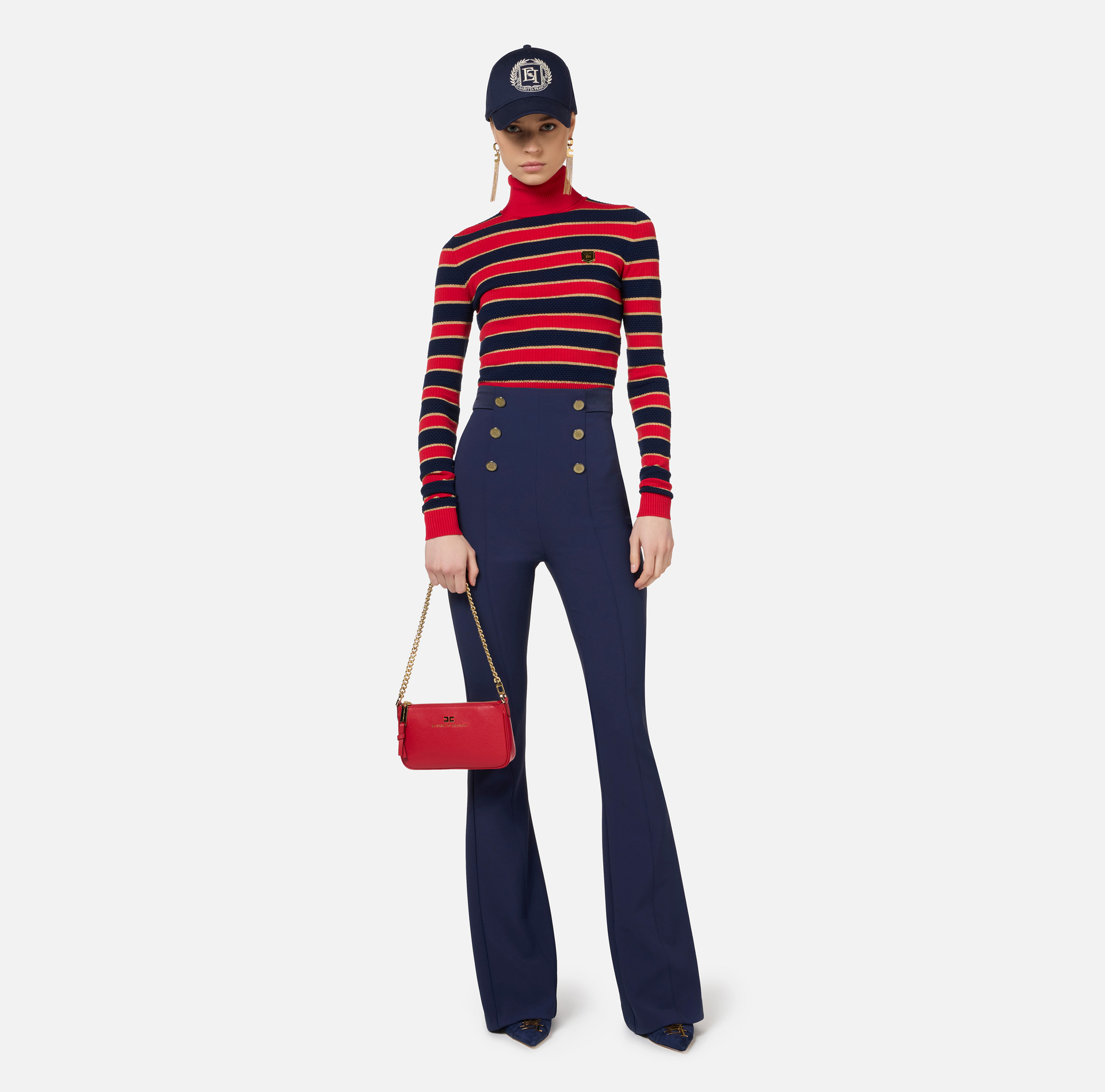 Bell-bottom trousers in crêpe fabric with satin waistband - Elisabetta Franchi® Outlet