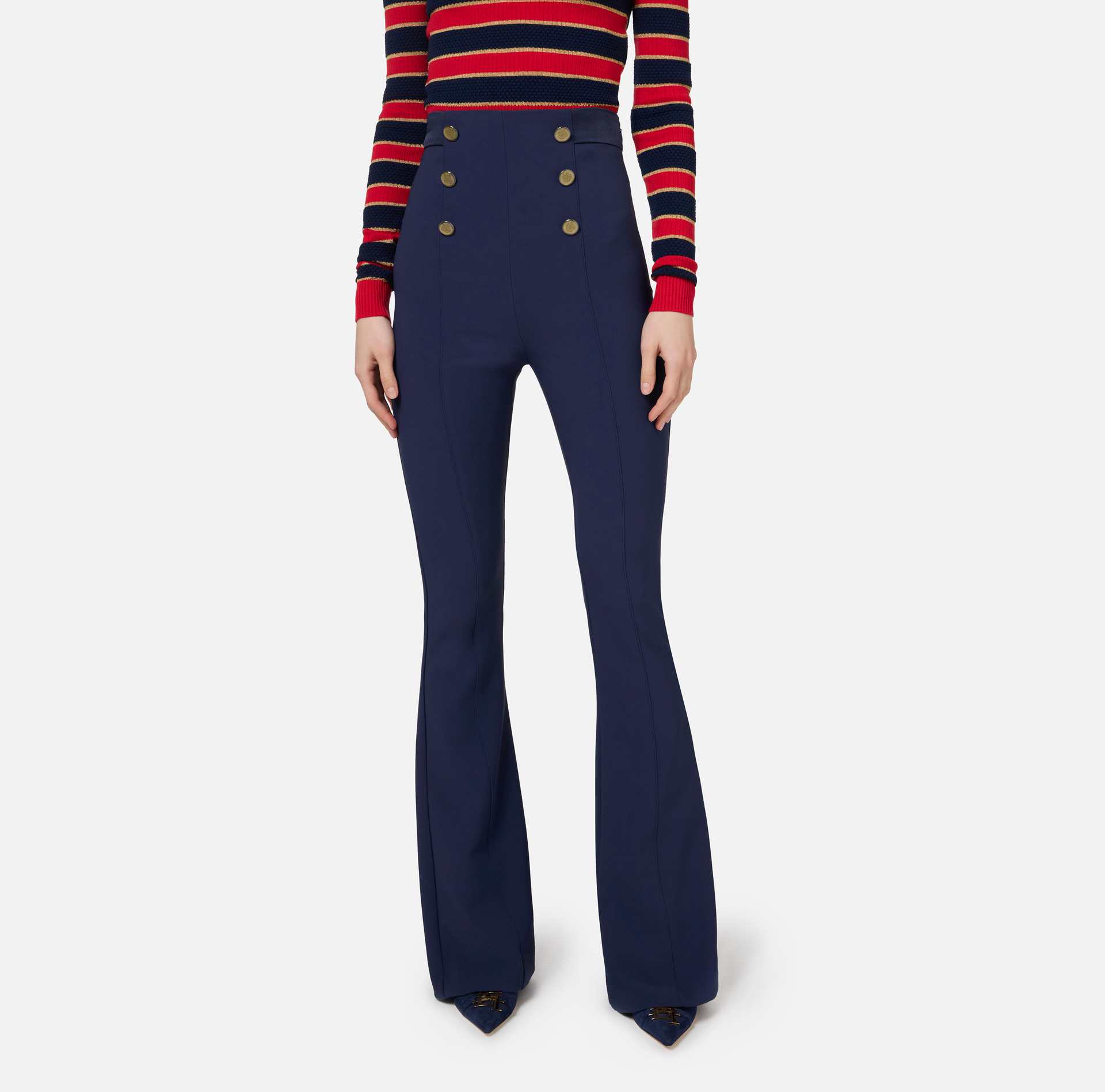 Bell-bottom trousers in crêpe fabric with satin waistband - Elisabetta Franchi® Outlet