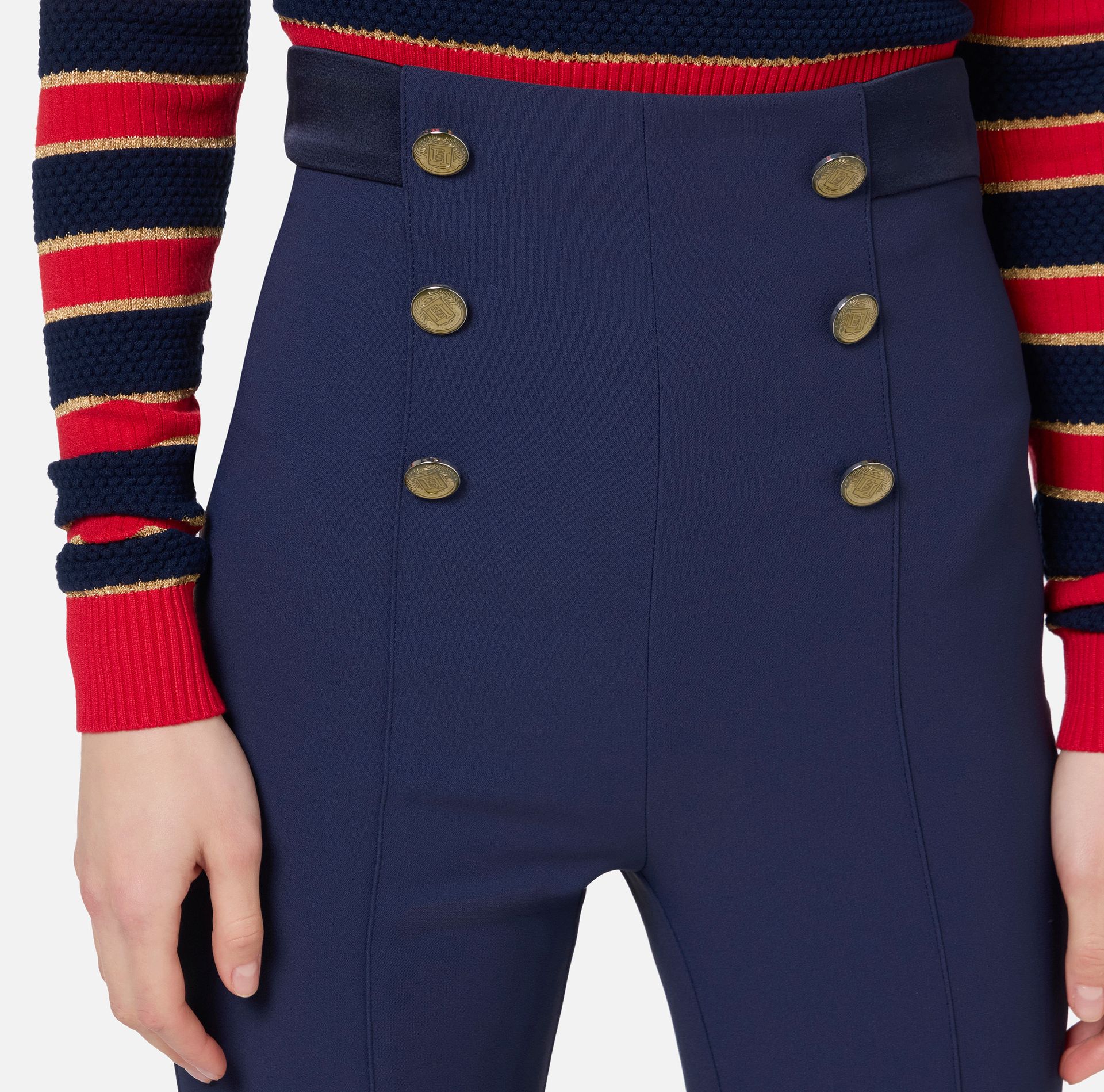 Bell-bottom trousers in crêpe fabric with satin waistband - Elisabetta Franchi® Outlet
