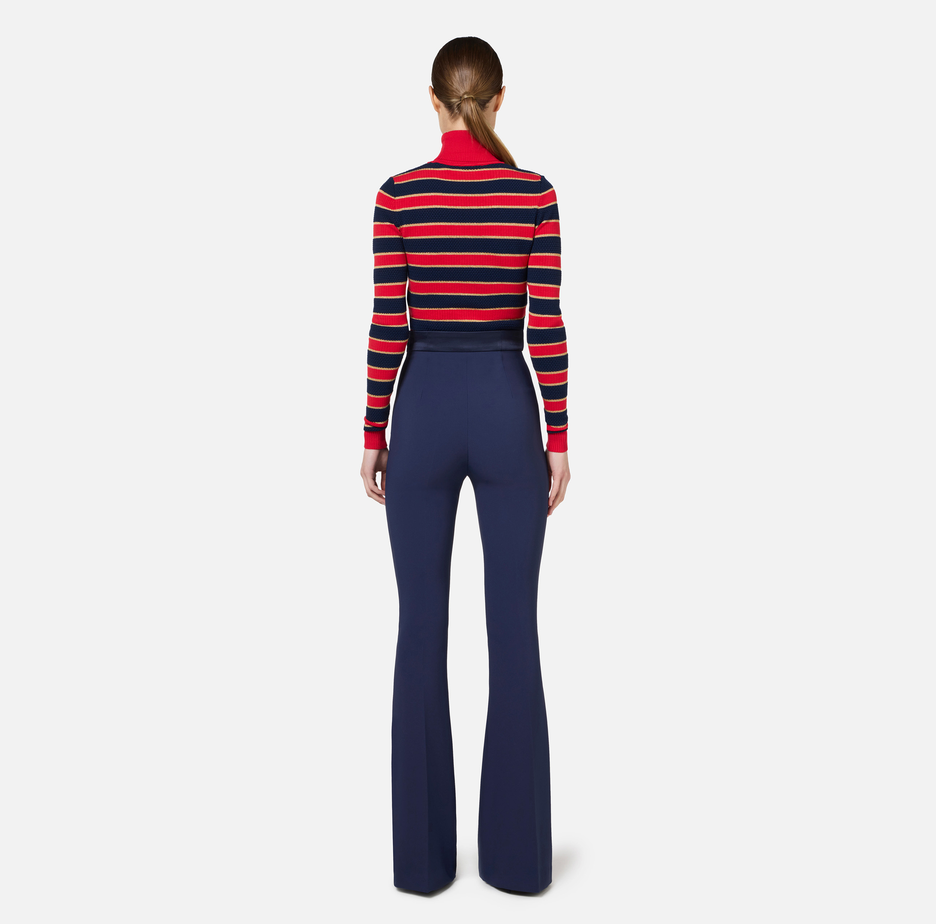 Bell-bottom trousers in crêpe fabric with satin waistband - Elisabetta Franchi® Outlet