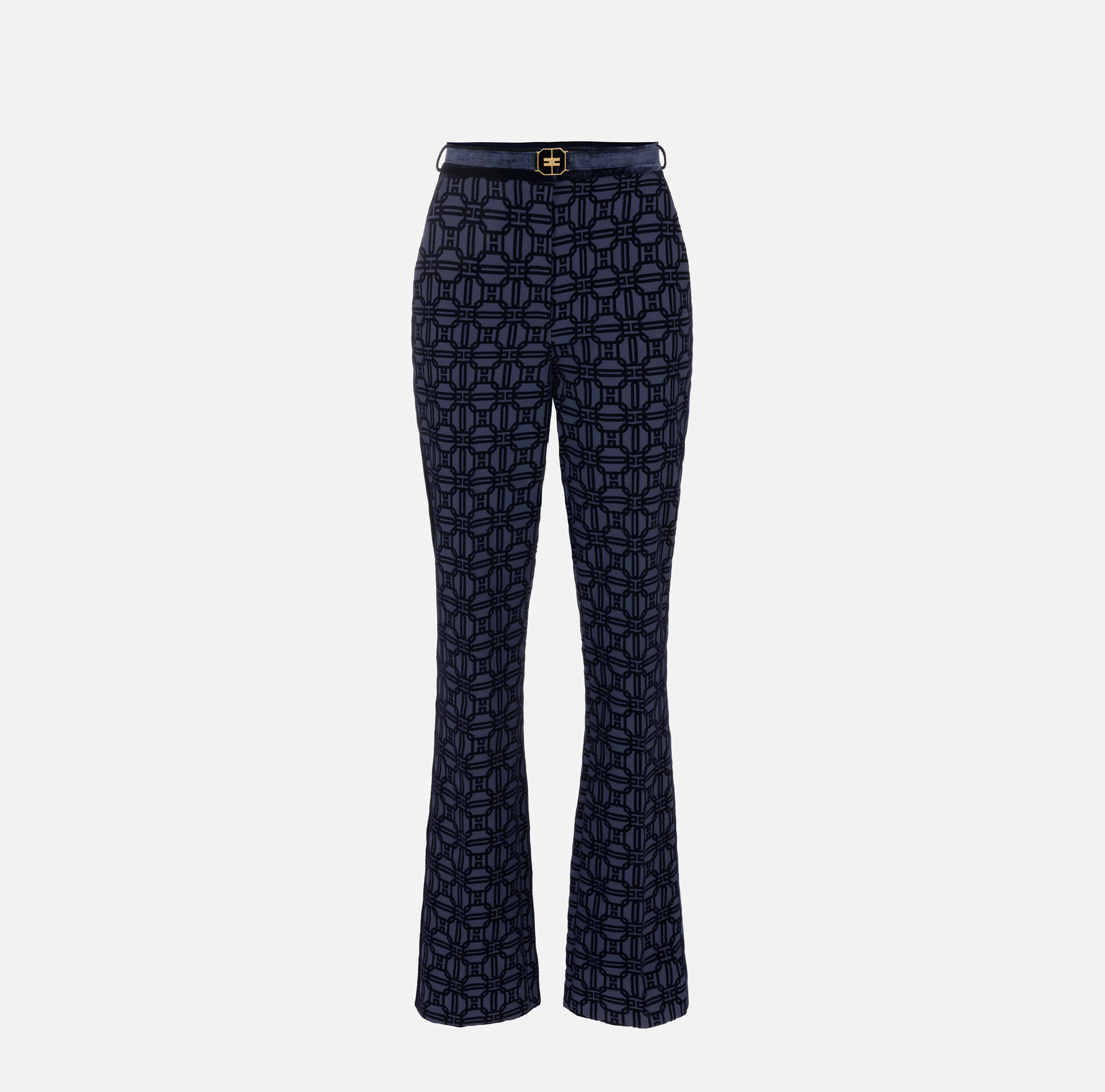 Pantalone dritto in crêpe flock con cintura - Elisabetta Franchi® Outlet