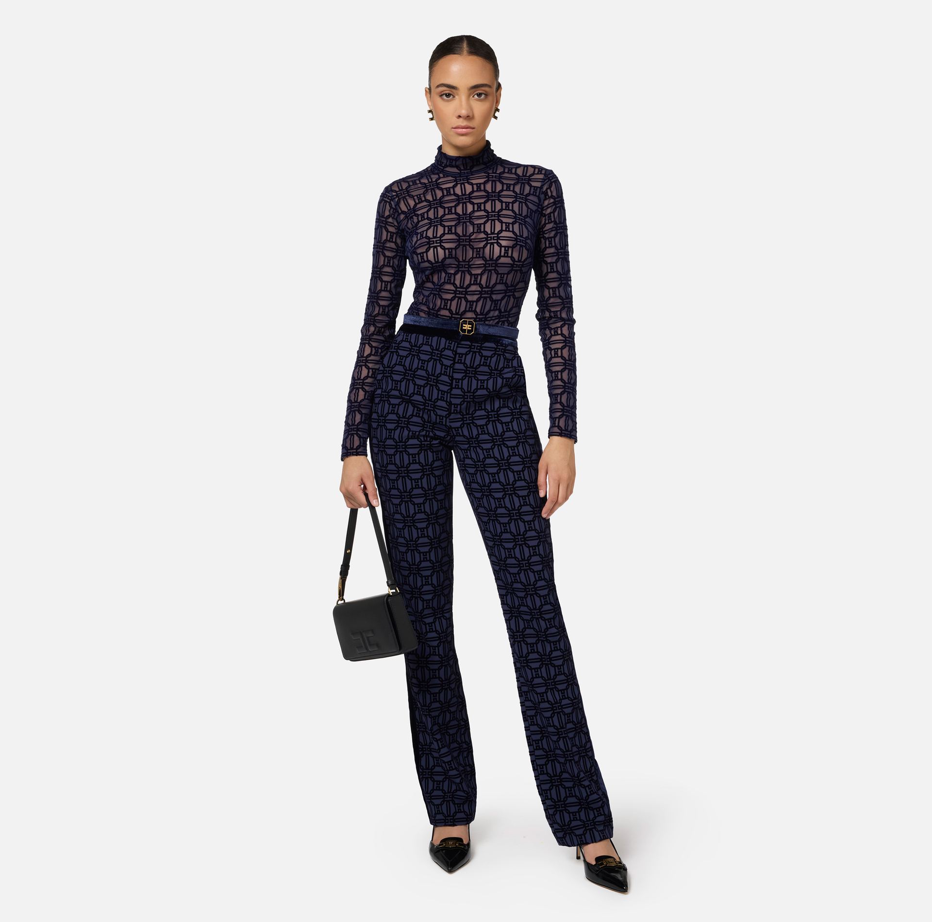 Pantalone dritto in crêpe flock con cintura - Elisabetta Franchi® Outlet