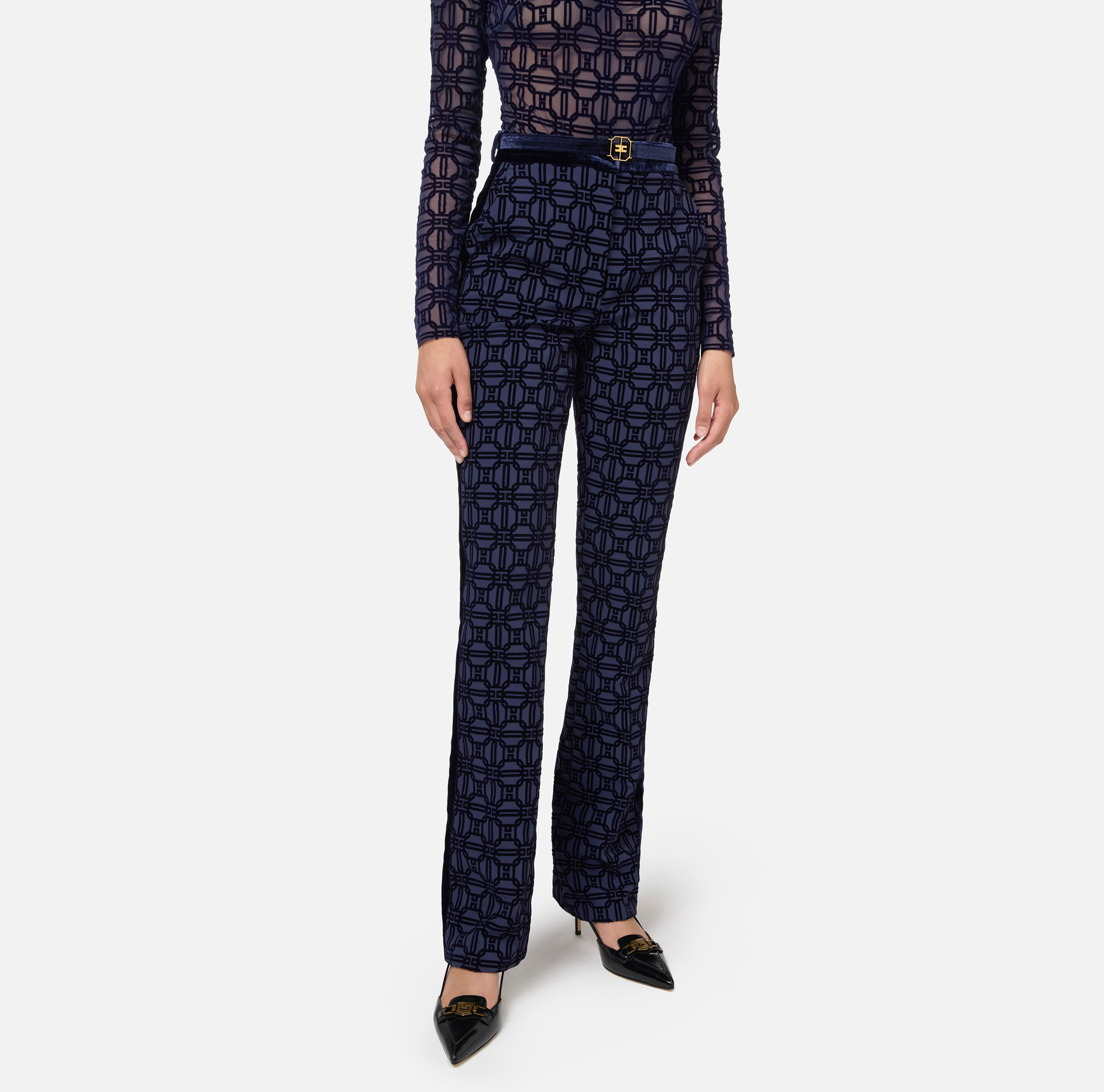 Pantalone dritto in crêpe flock con cintura - Elisabetta Franchi® Outlet