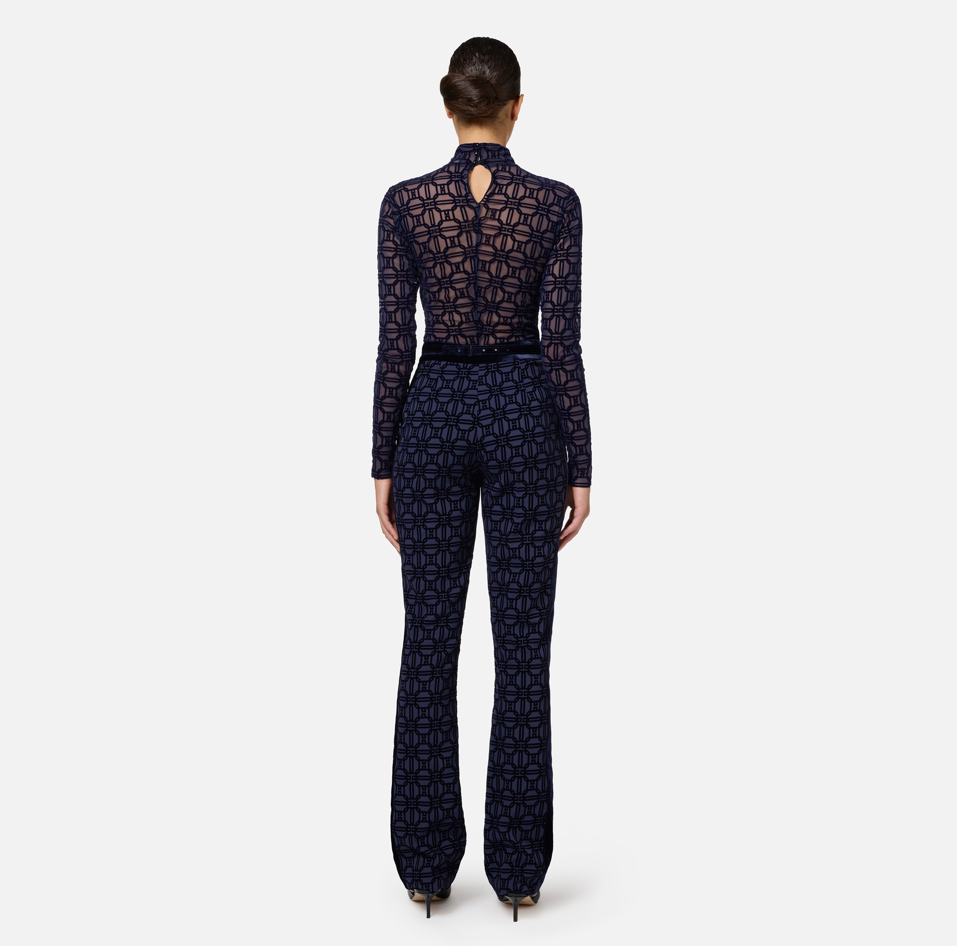 Pantalone dritto in crêpe flock con cintura - Elisabetta Franchi® Outlet