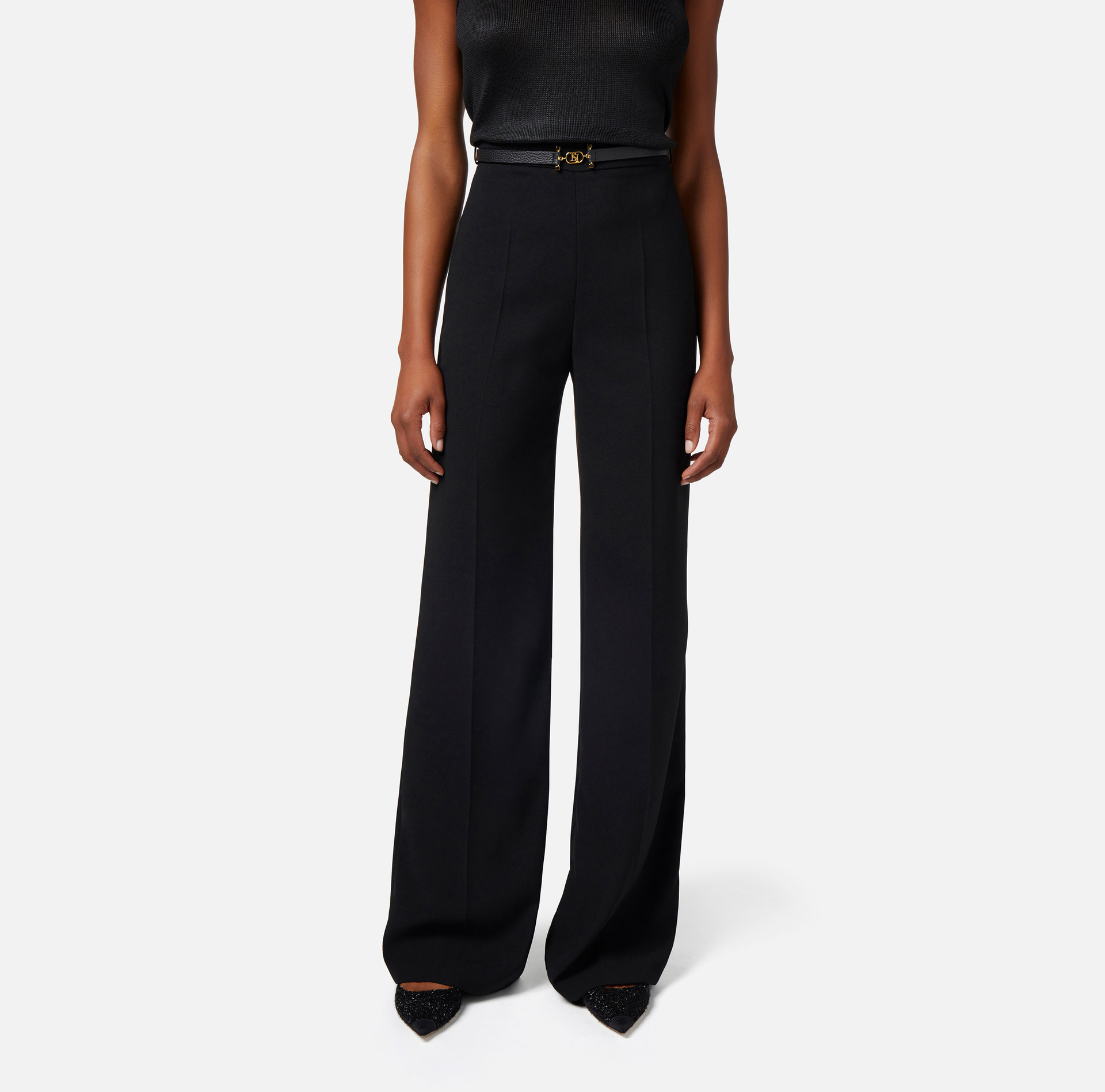 Palazzo trousers in flowing crêpe fabric with belt - Elisabetta Franchi® Outlet