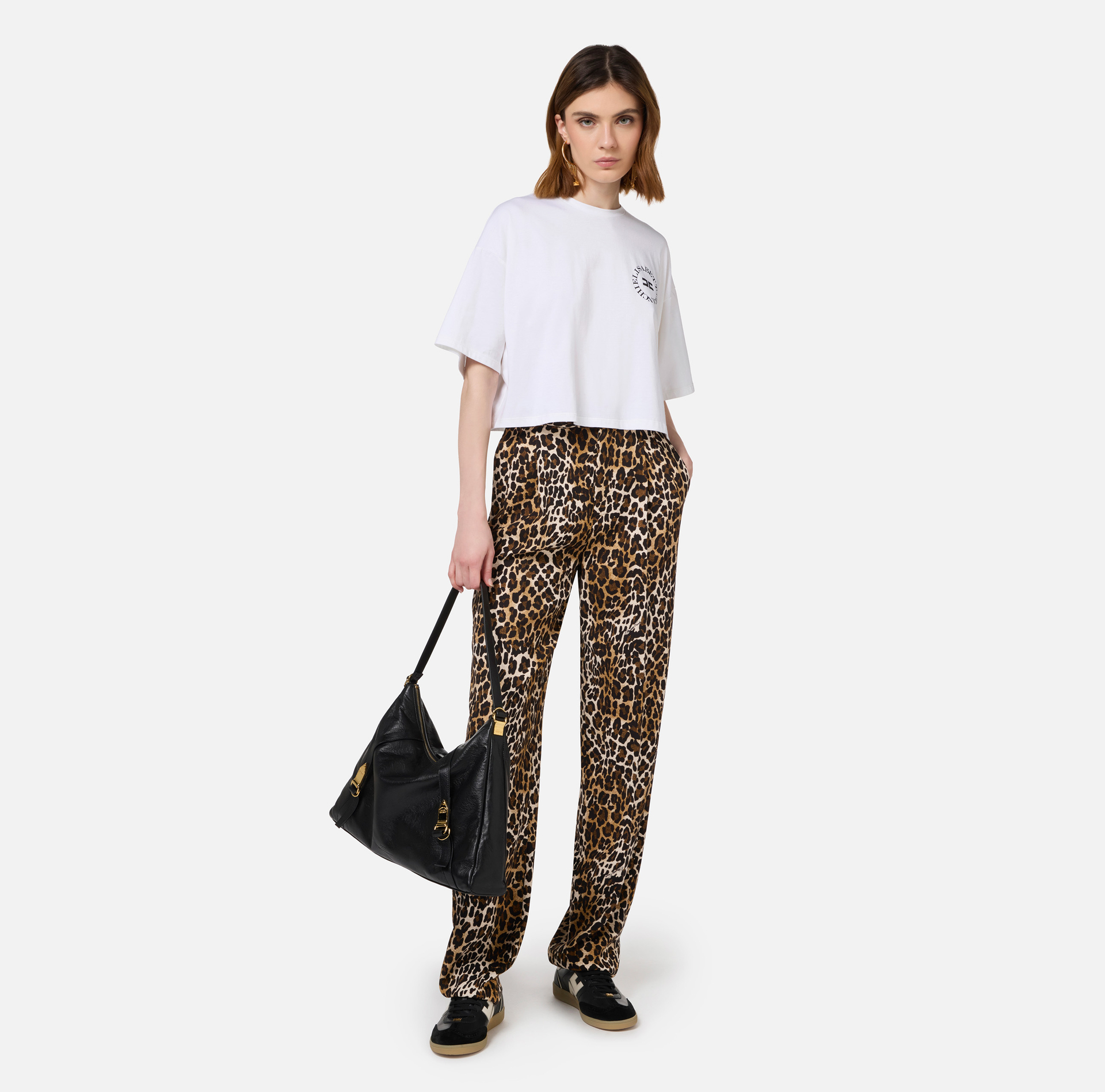 Straight trousers in animalier crêpe fabric with double darts - Elisabetta Franchi® Outlet
