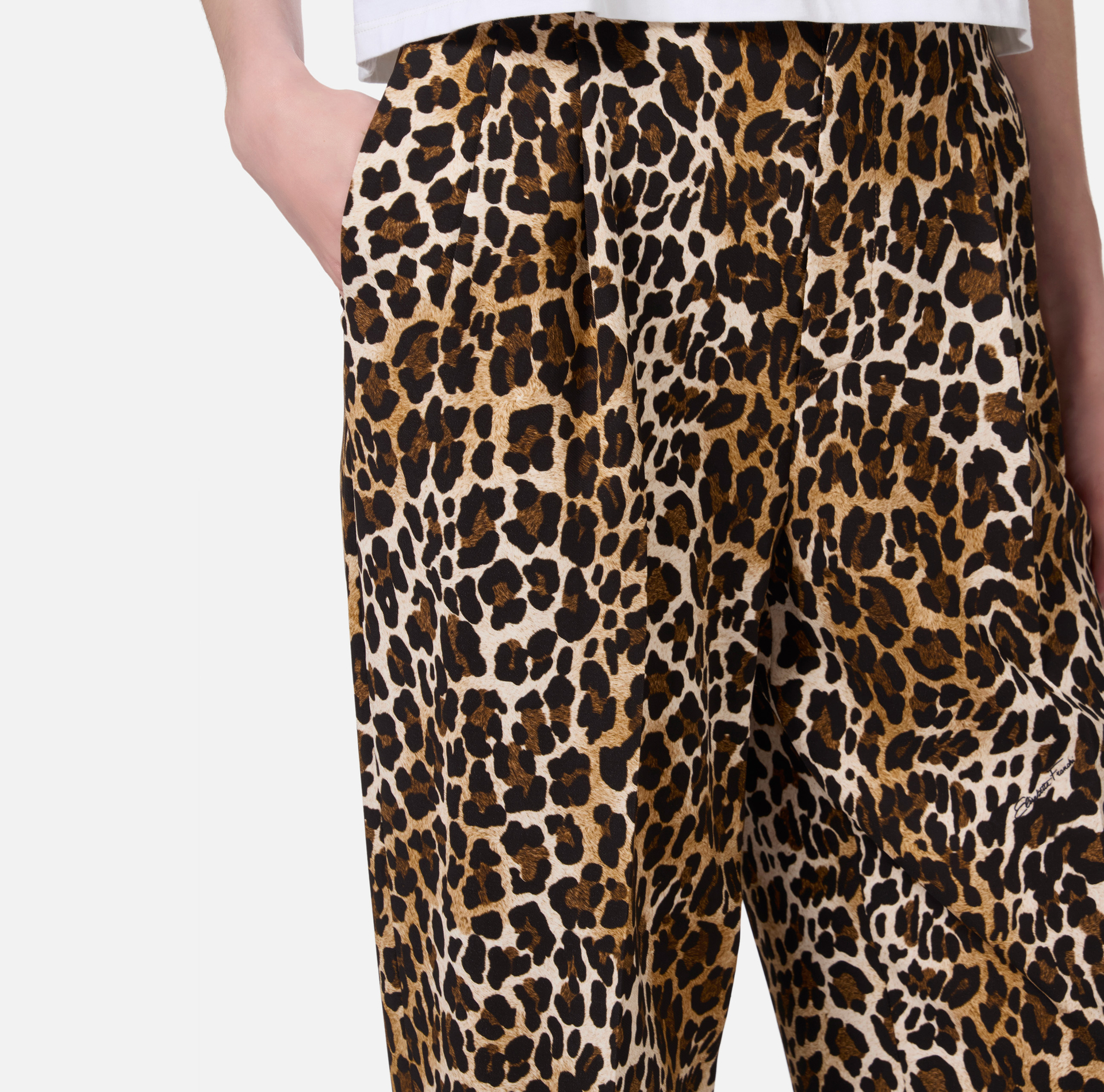 Straight trousers in animalier crêpe fabric with double darts - Elisabetta Franchi® Outlet