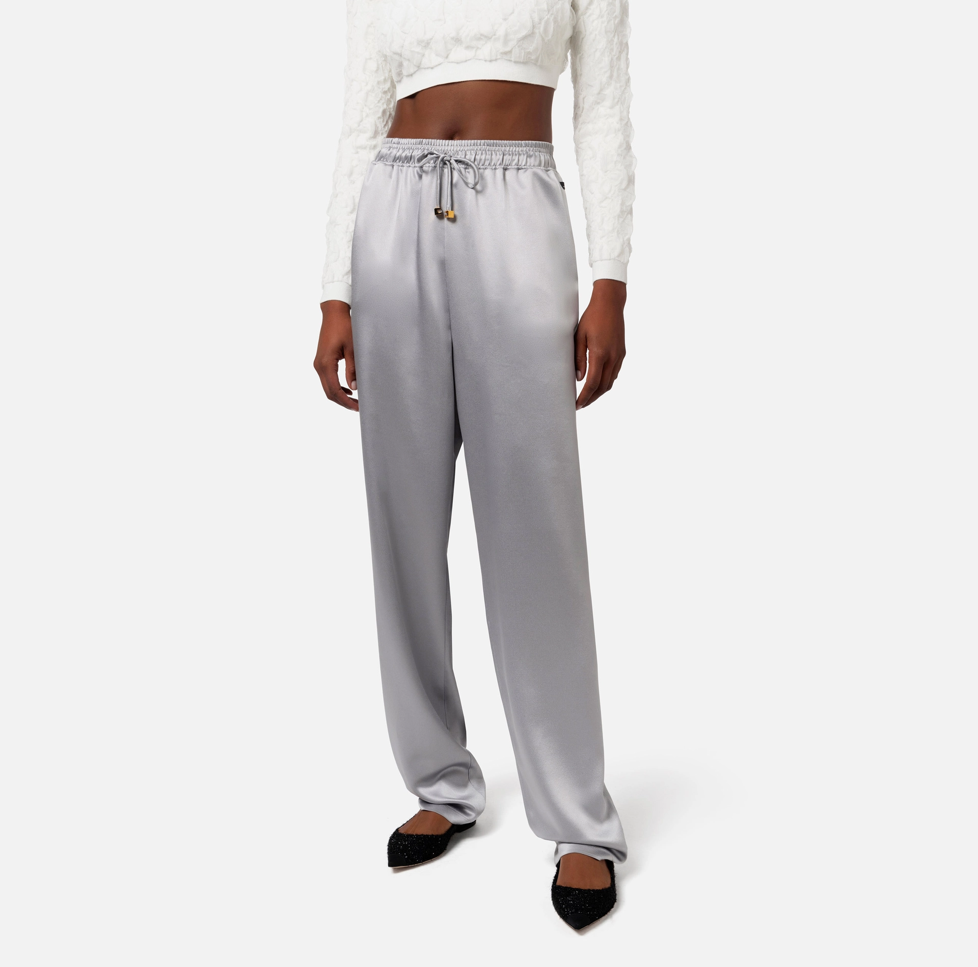 Jogger trousers in satin crêpe fabric | Elisabetta Franchi® Outlet