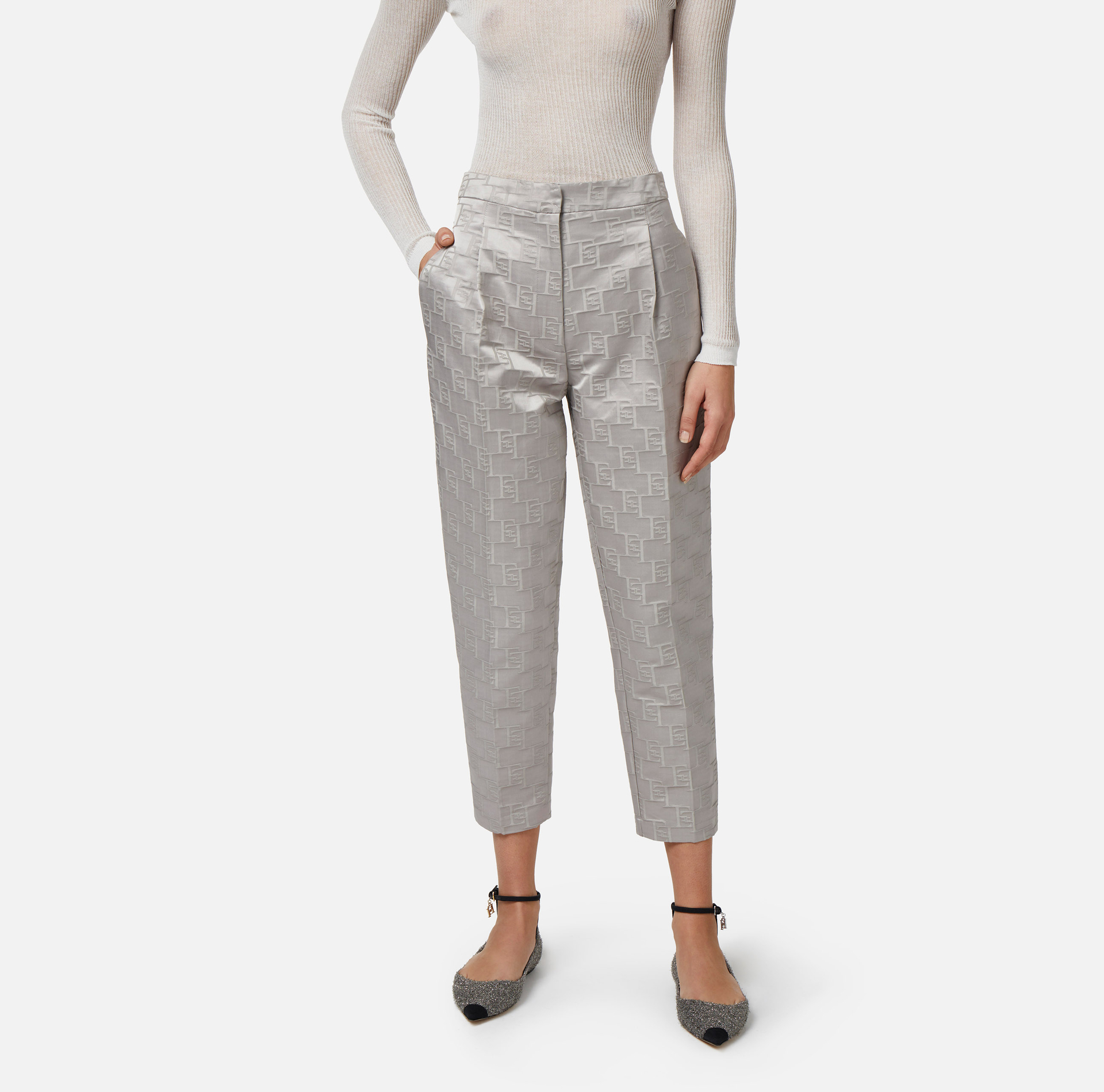 Pantalón recto de raso jacquard con pinzas - Elisabetta Franchi® Outlet