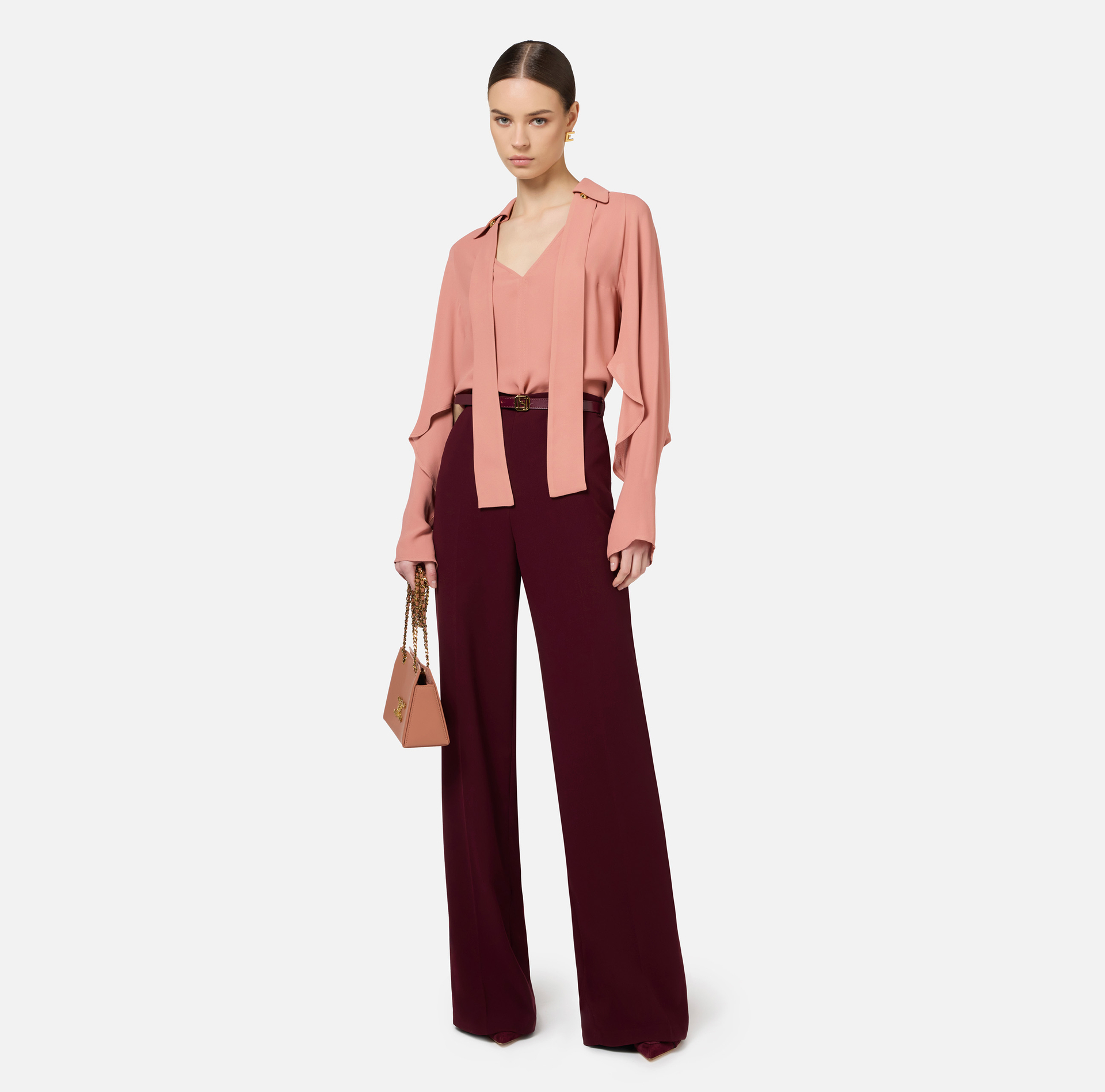 Satin palazzo trousers with belt | Elisabetta Franchi® Outlet
