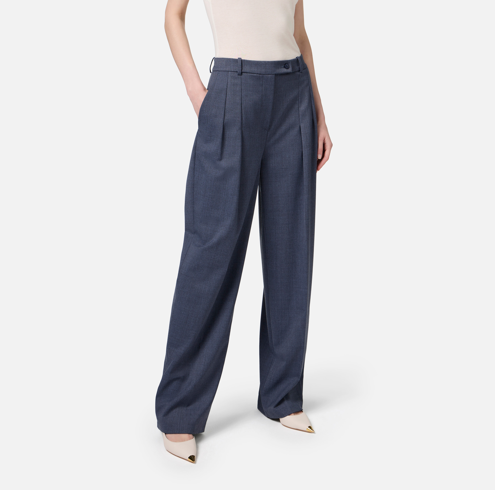 Pantalon droit en laine mélangée froide avec doubles plis - Elisabetta Franchi® Outlet