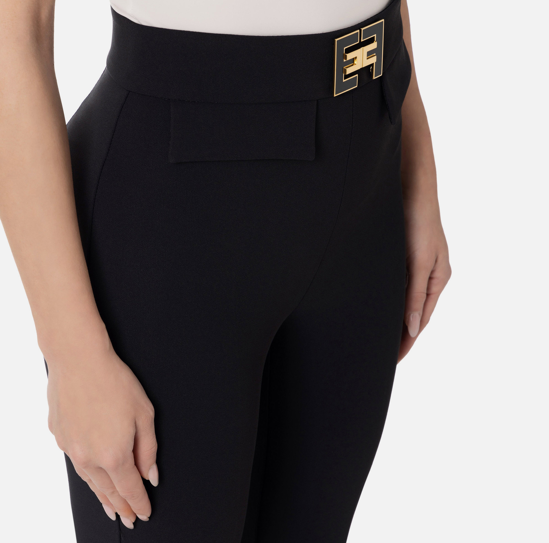 Straight stretch crepe pants with logo rivet - Elisabetta Franchi® Outlet