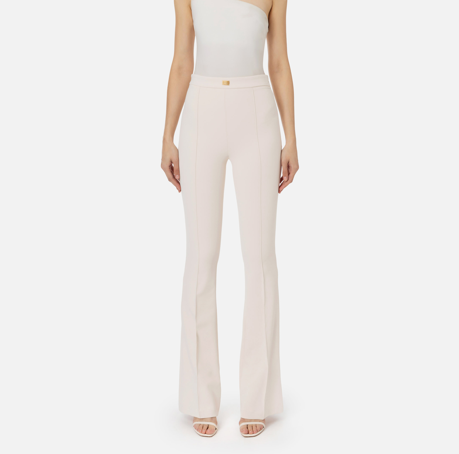 Palazzo trousers in crêpe fabric with metal plate - Elisabetta Franchi® Outlet