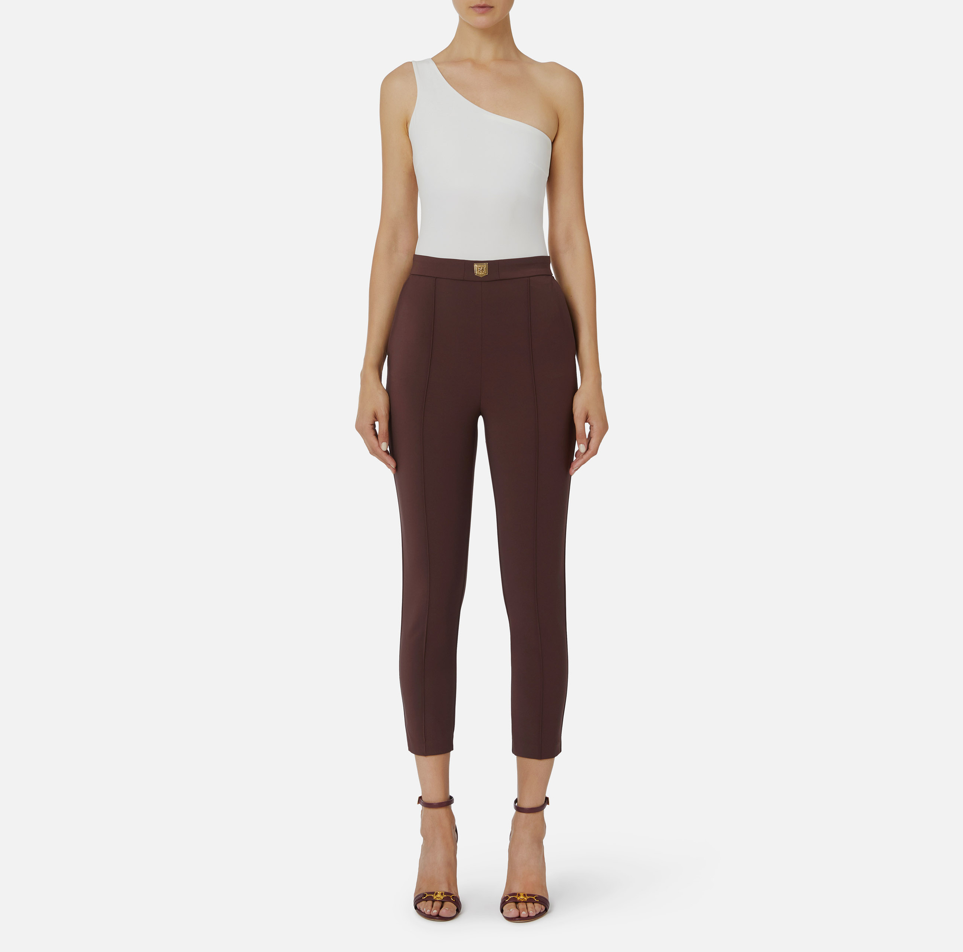 Straight-leg pants in stretch crepe with clamp | Elisabetta Franchi® Outlet