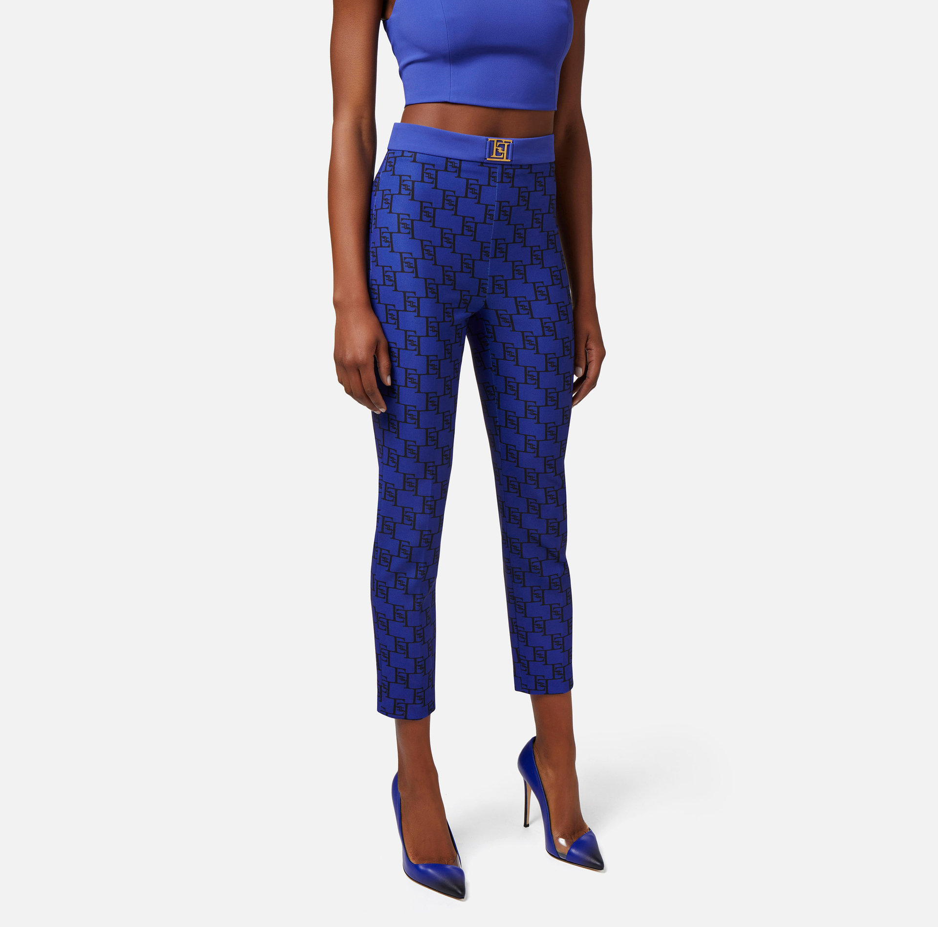 Pantalón recto de crepé elástico con estampado de logotipo - Elisabetta Franchi® Outlet