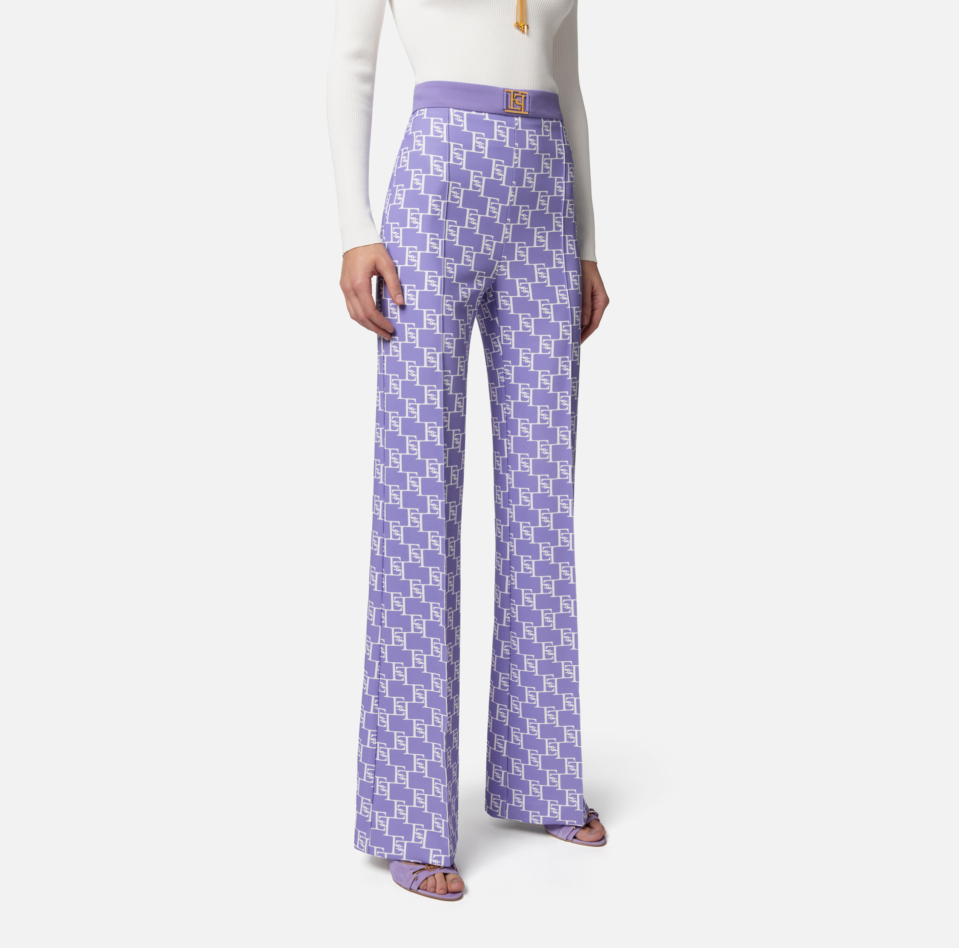 Pantalon palazzo en crêpe stretch imprimé logo - Elisabetta Franchi® Outlet