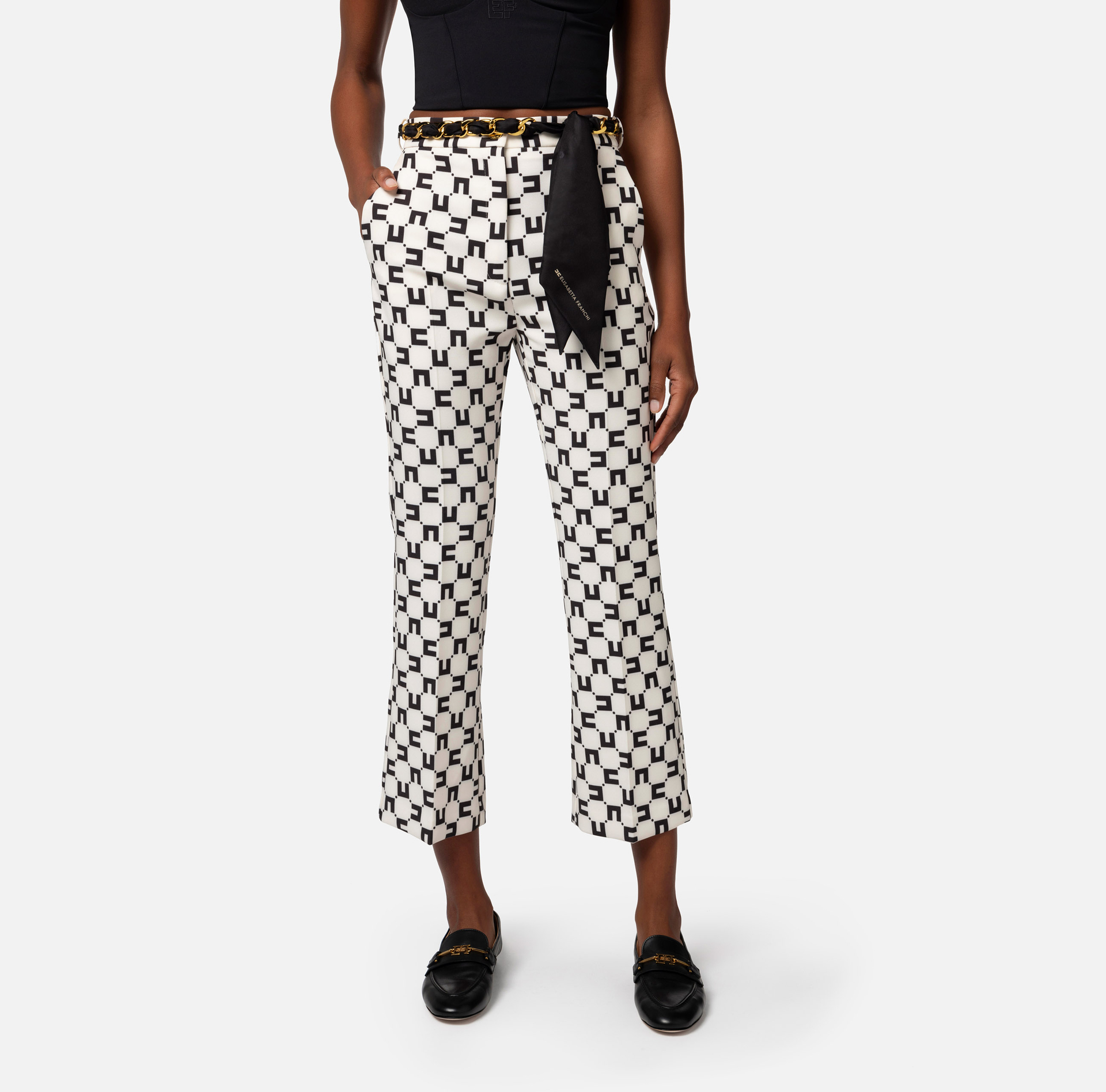 Boot-cut trousers in stretch crêpe with logo print and foulard scarf belt - Elisabetta Franchi® Outlet