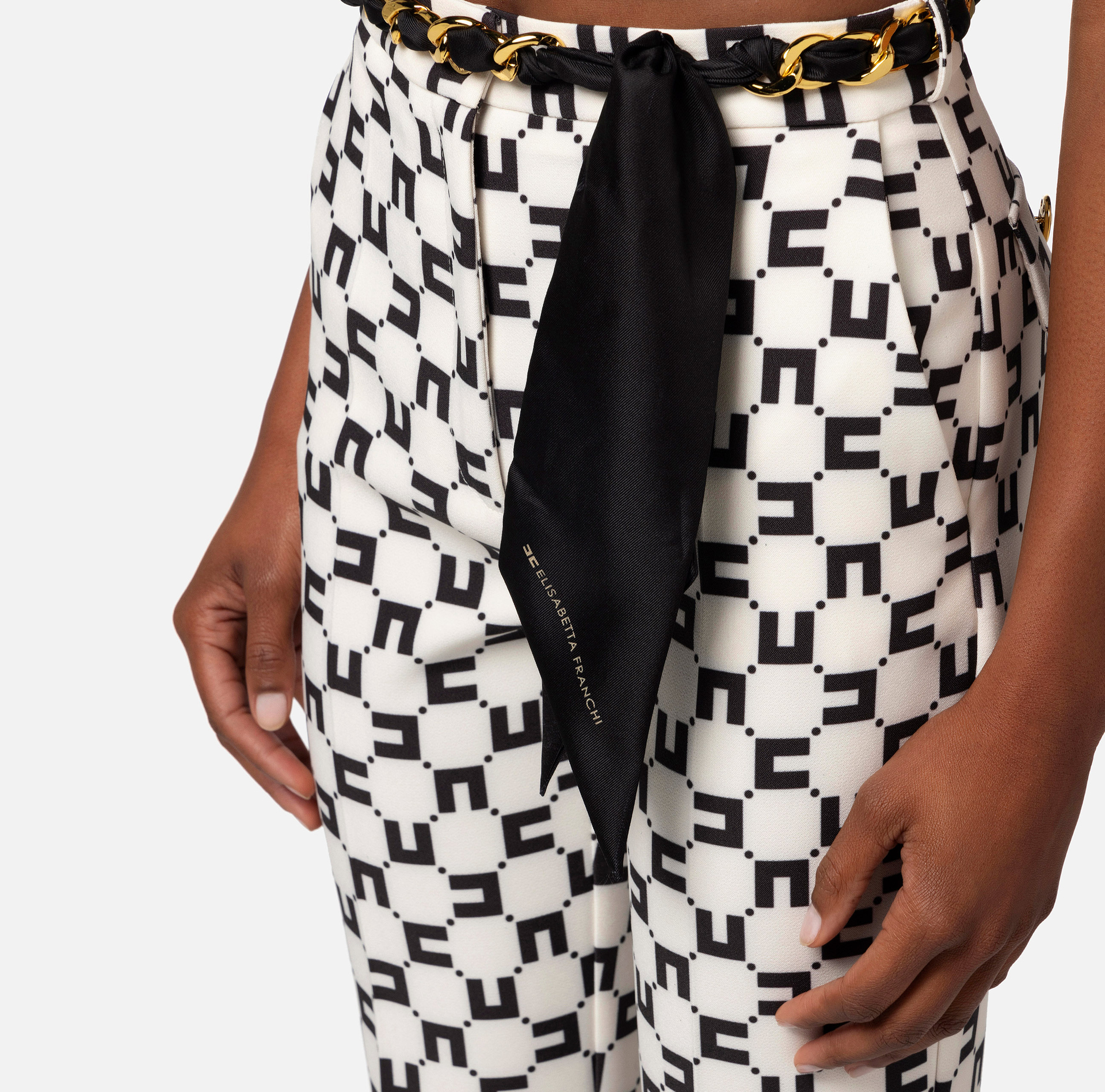 Boot-cut trousers in stretch crêpe with logo print and foulard scarf belt - Elisabetta Franchi® Outlet