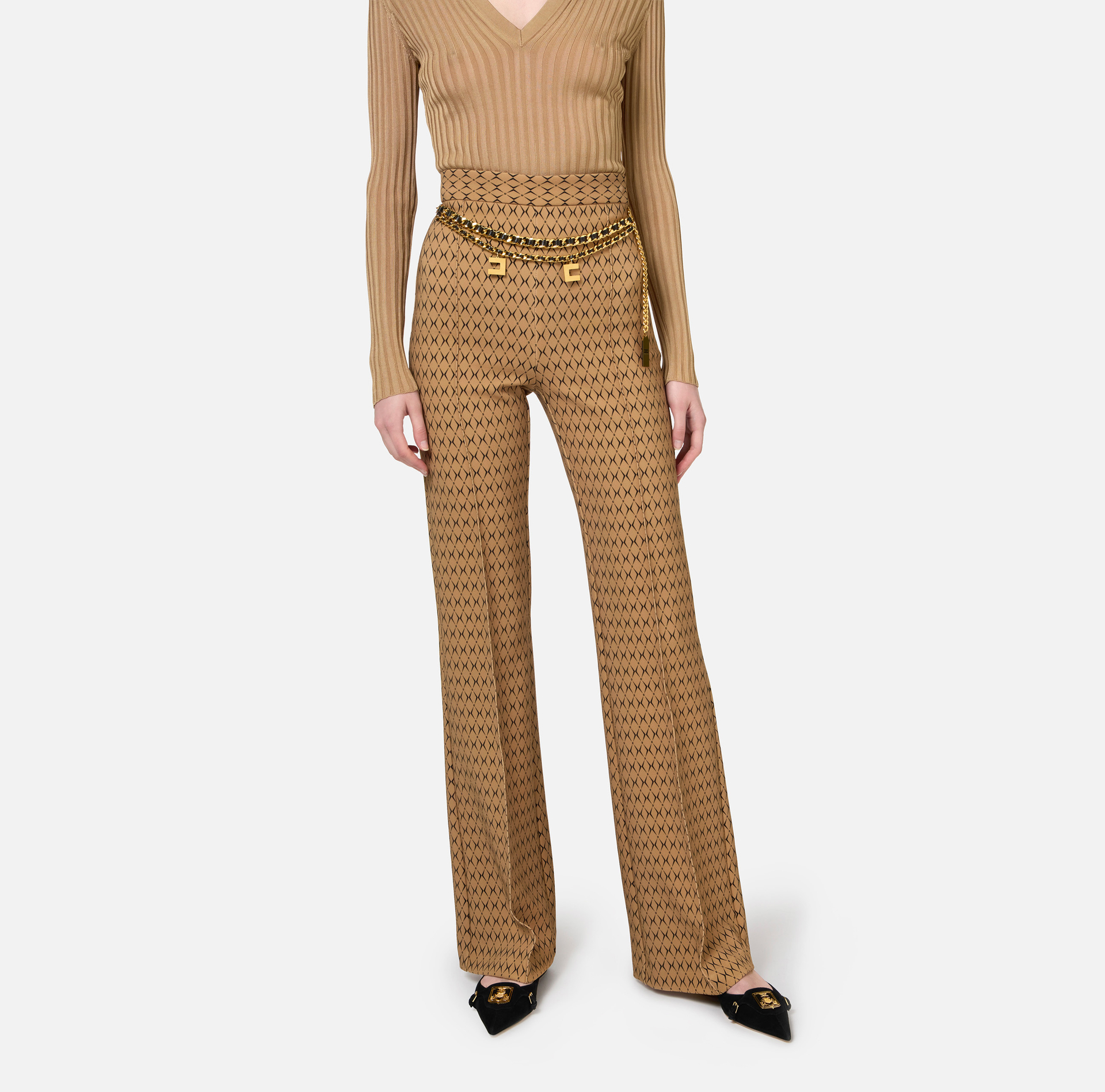 Crêpe palazzo trousers with diamond print and chain - Elisabetta Franchi® Outlet