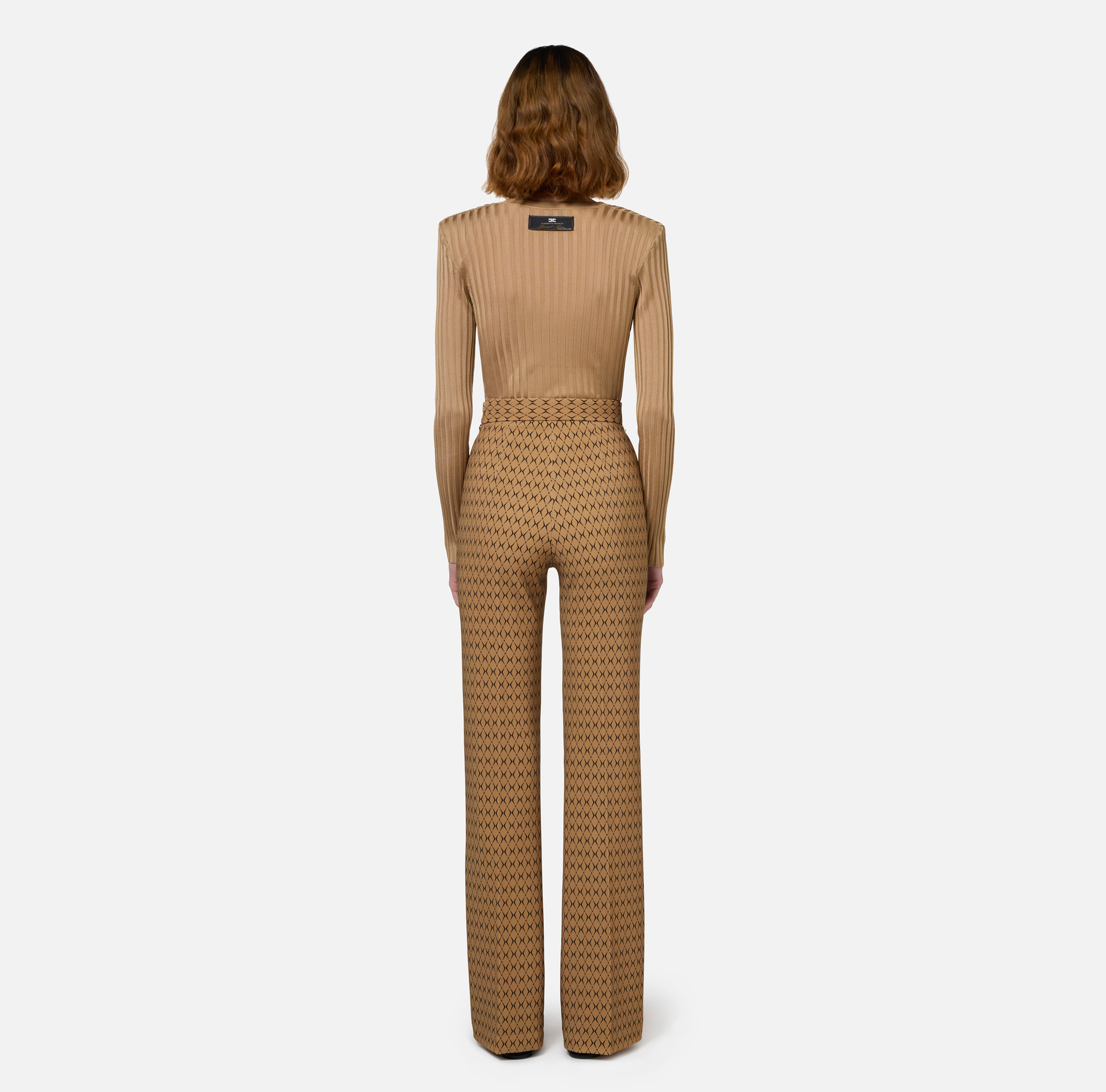 Crêpe palazzo trousers with diamond print and chain - Elisabetta Franchi® Outlet
