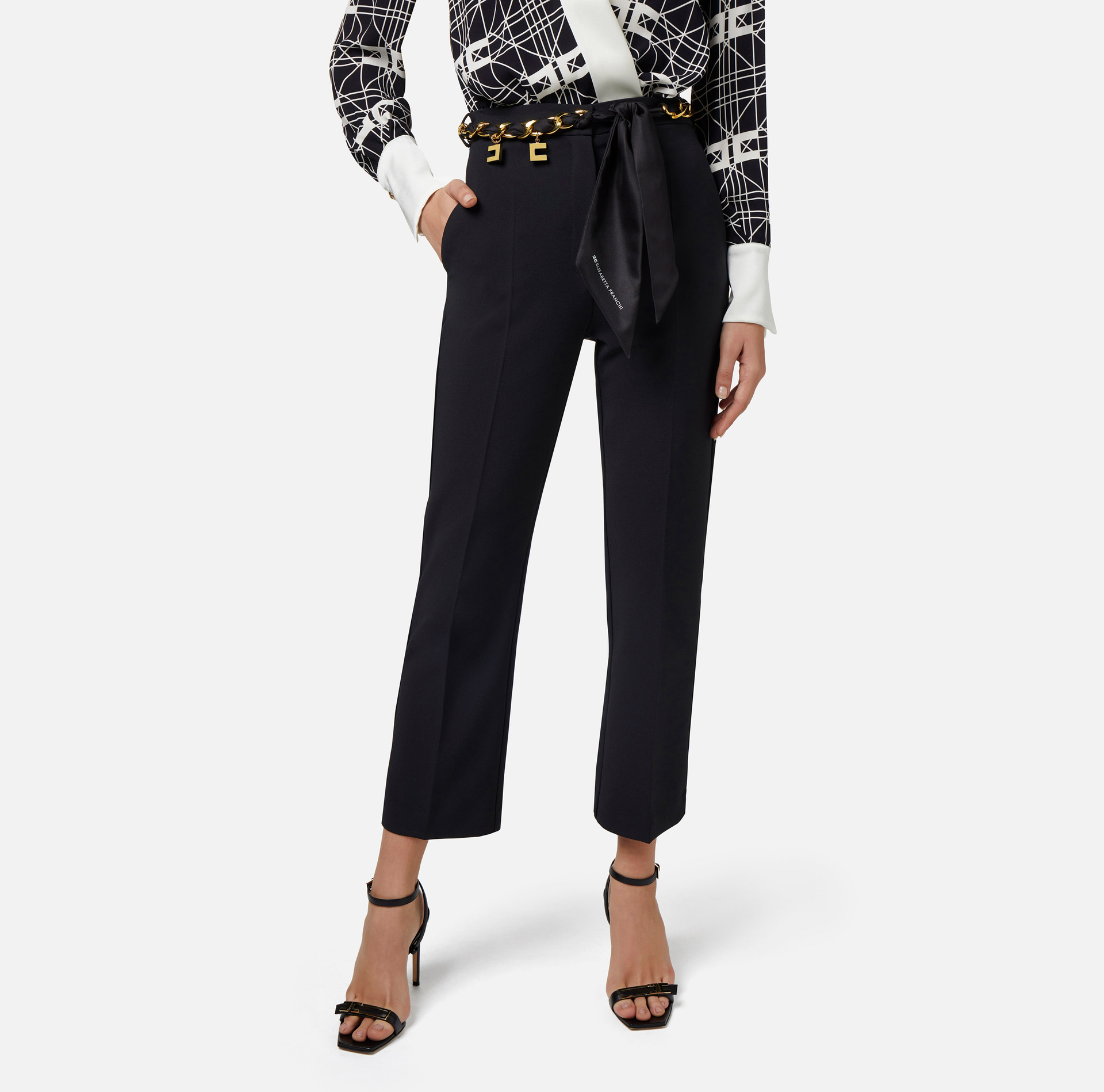 Pantalone a zampetta in crêpe stretch con cintura foulard - Elisabetta Franchi® Outlet