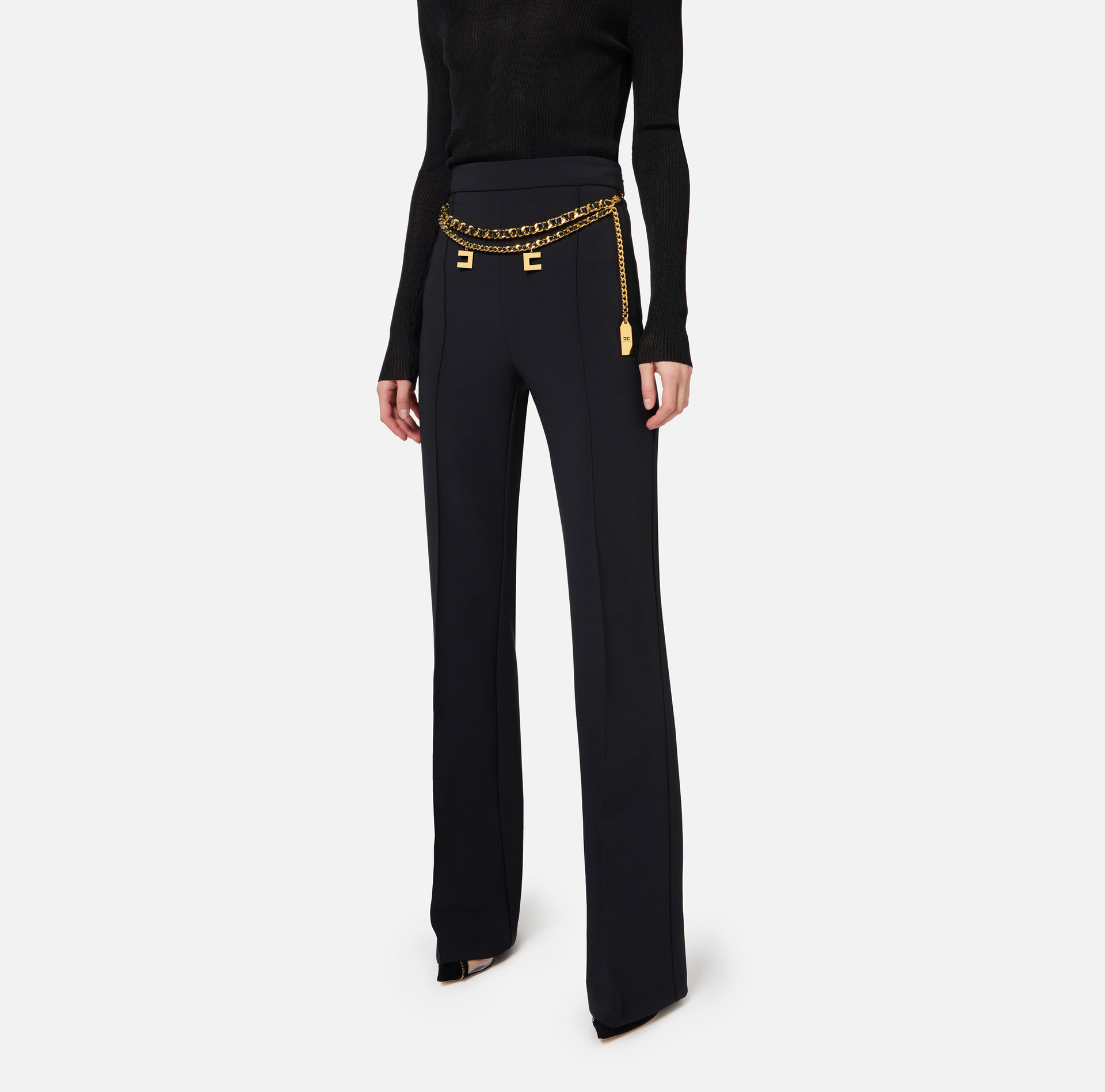 Palazzo trousers in stretch crêpe fabric with belt | Elisabetta Franchi® Outlet