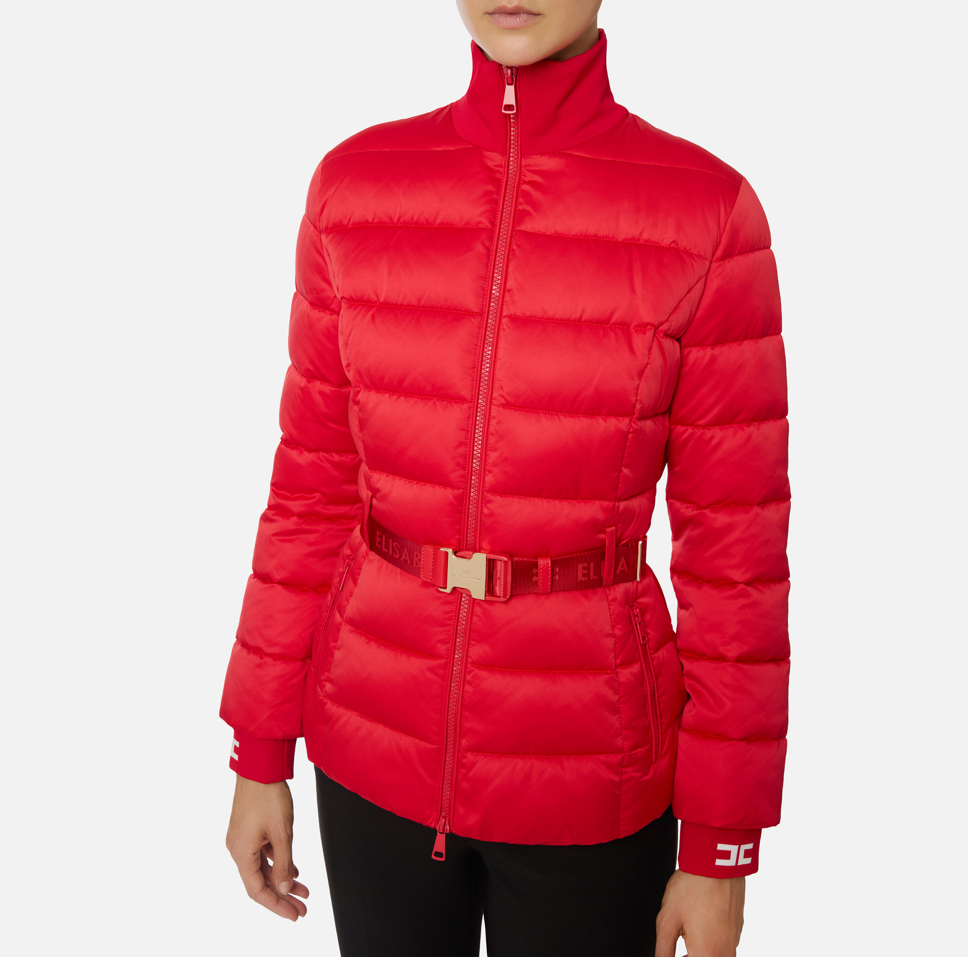 Satin sail down jacket with belt | Elisabetta Franchi® Outlet