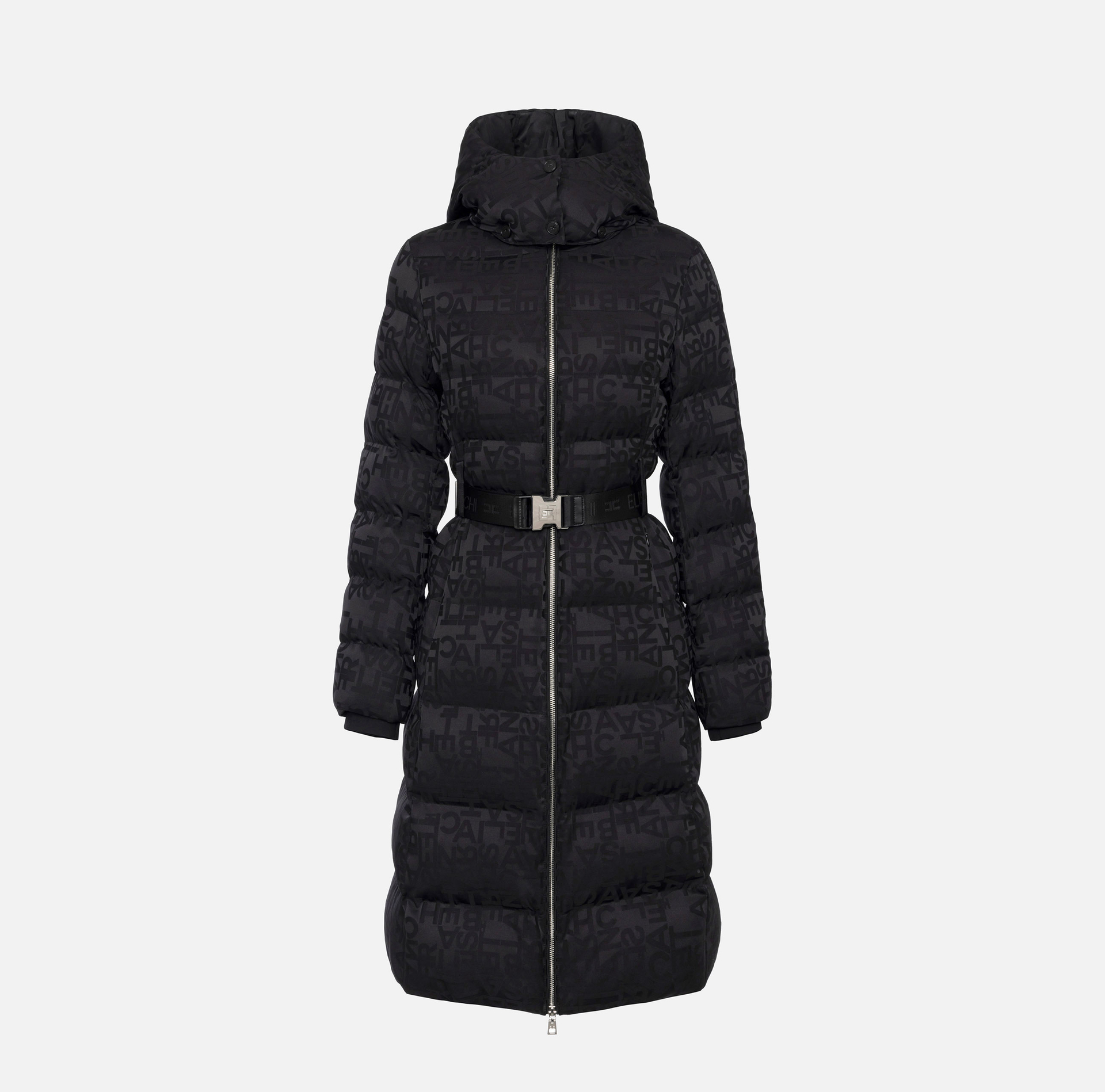 Piumino lungo in nylon jacquard lettering | Elisabetta Franchi® Outlet
