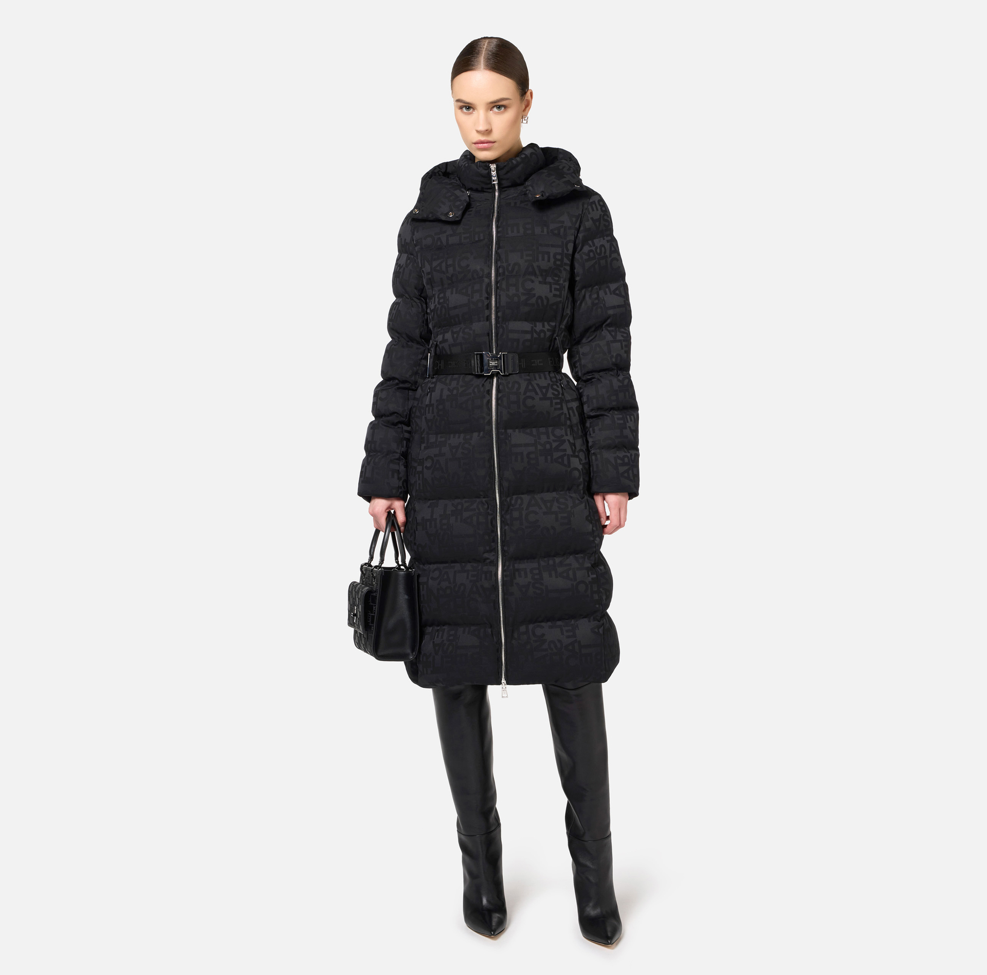 Piumino lungo in nylon jacquard lettering | Elisabetta Franchi® Outlet