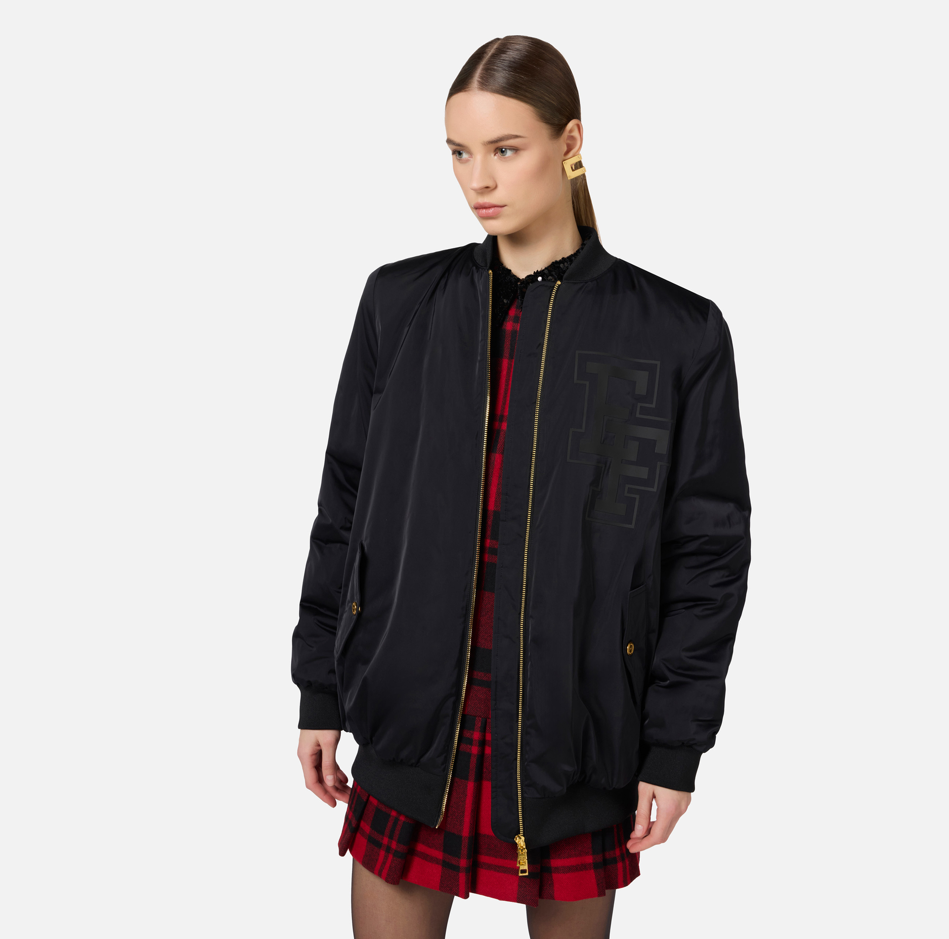 Oversized-Bomberjacke aus satiniertem Nylon mit Logo - Elisabetta Franchi® Outlet