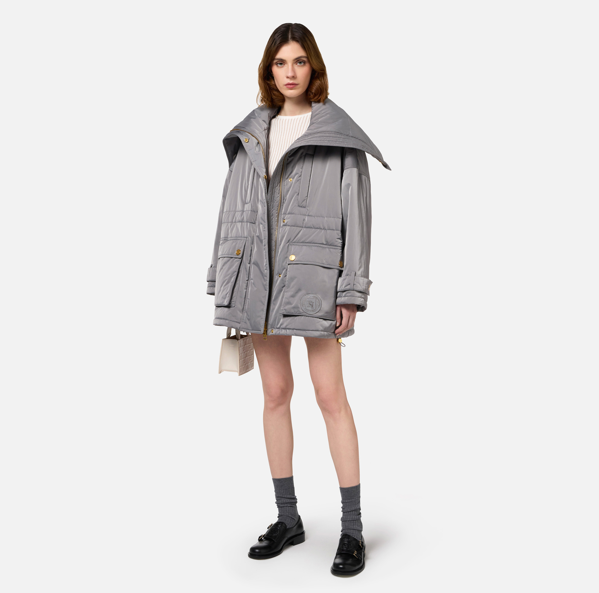 Aviator type oversized down jacket in satin nylon - Elisabetta Franchi® Outlet
