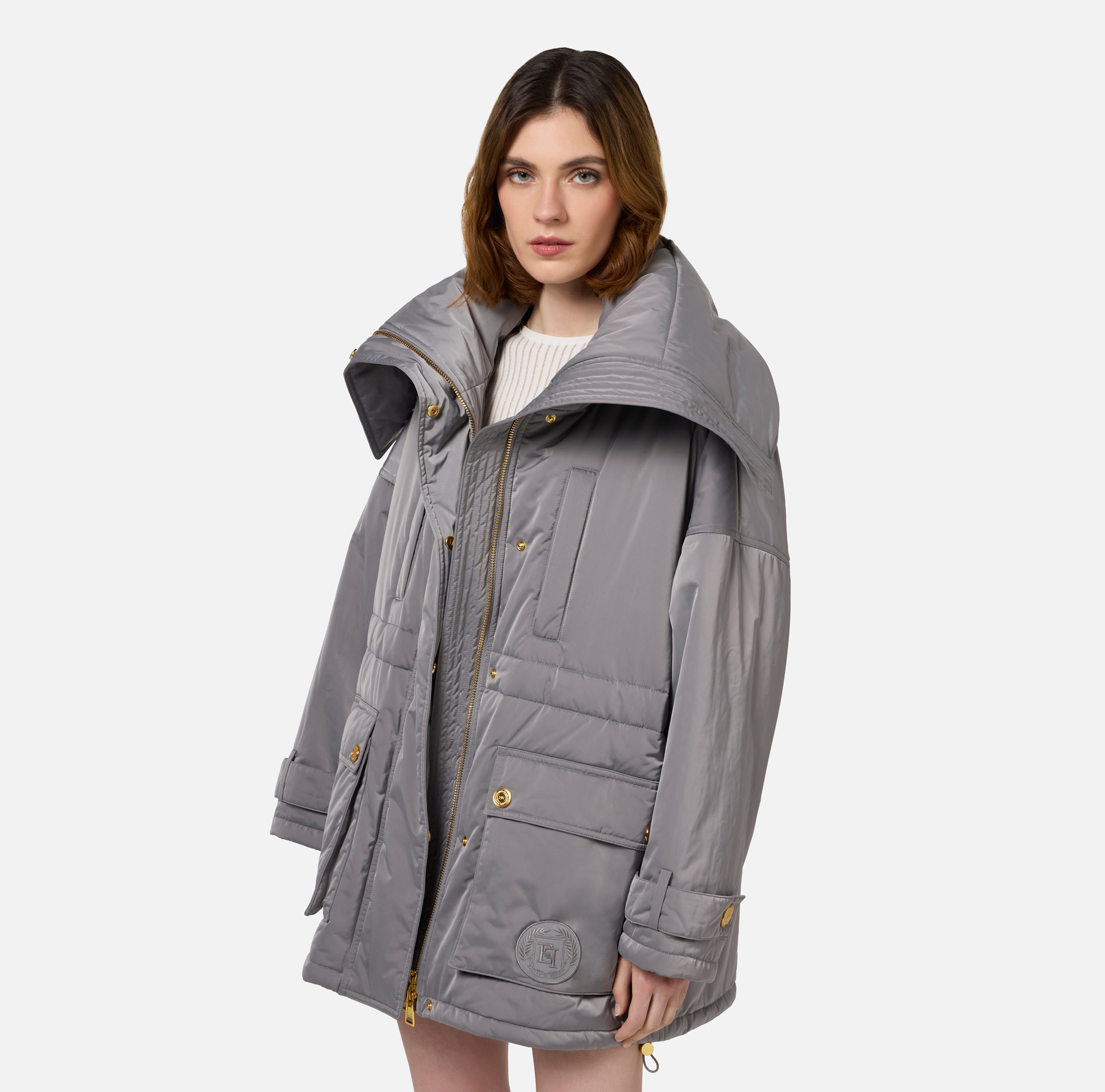 Aviator type oversized down jacket in satin nylon - Elisabetta Franchi® Outlet