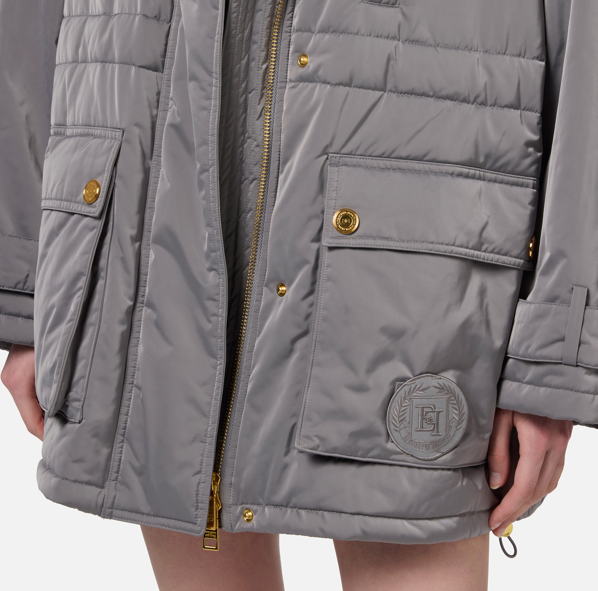 Aviator type oversized down jacket in satin nylon - Elisabetta Franchi® Outlet