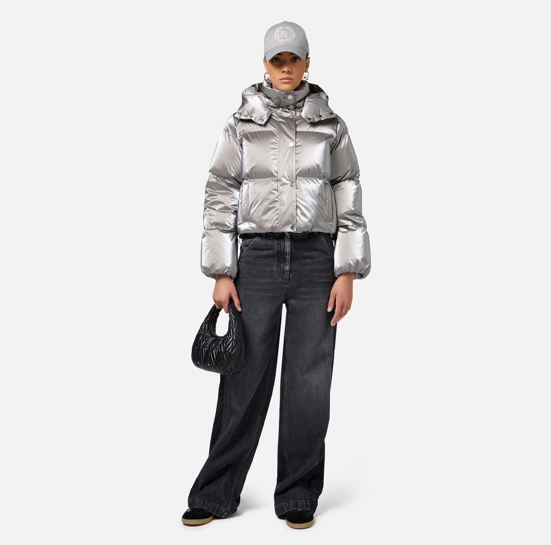 Cropped-Steppjacke aus Nylon in Metallic-Optik - Elisabetta Franchi® Outlet