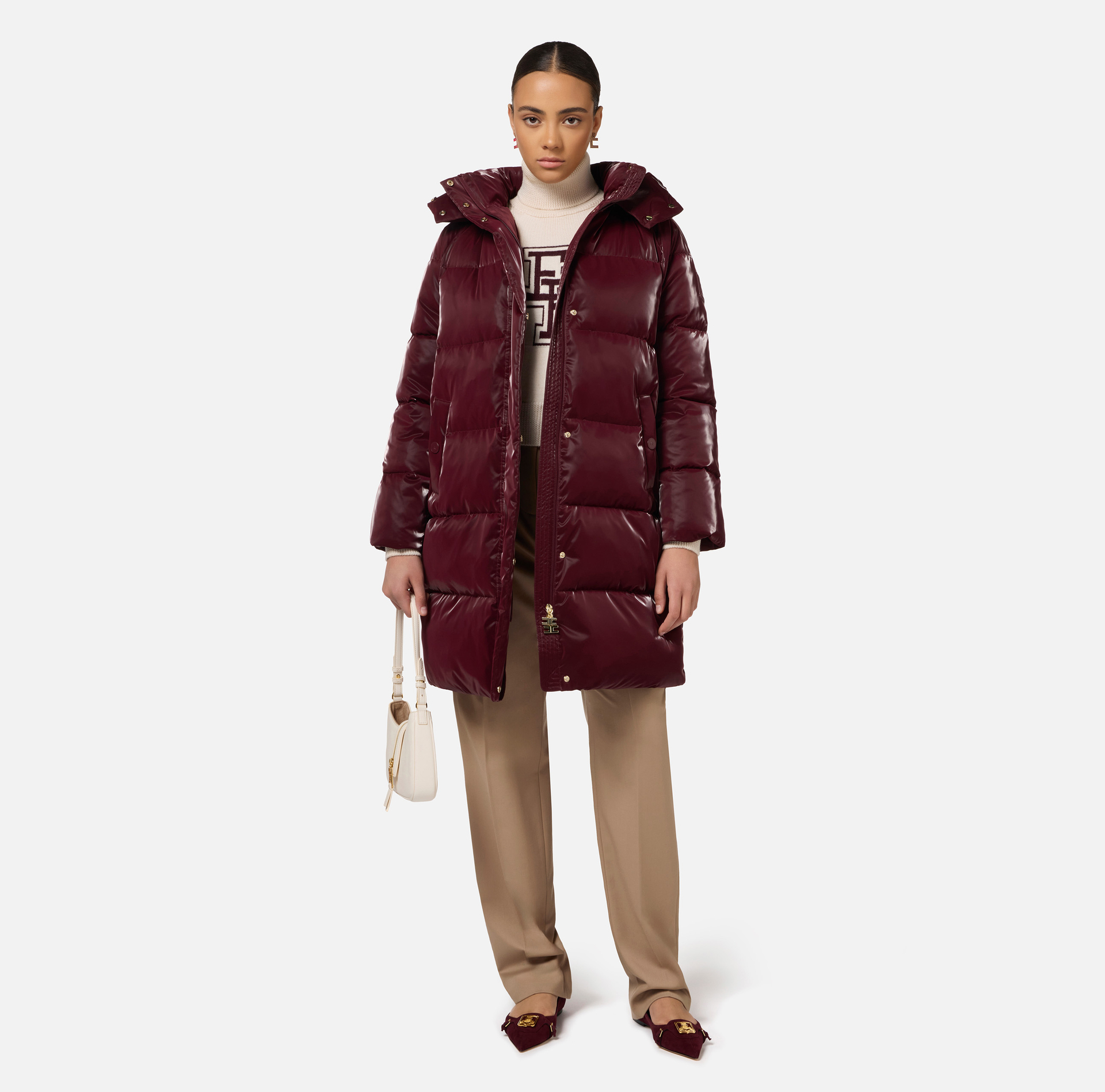 Anorak long en nylon de satin à capuche - Elisabetta Franchi® Outlet