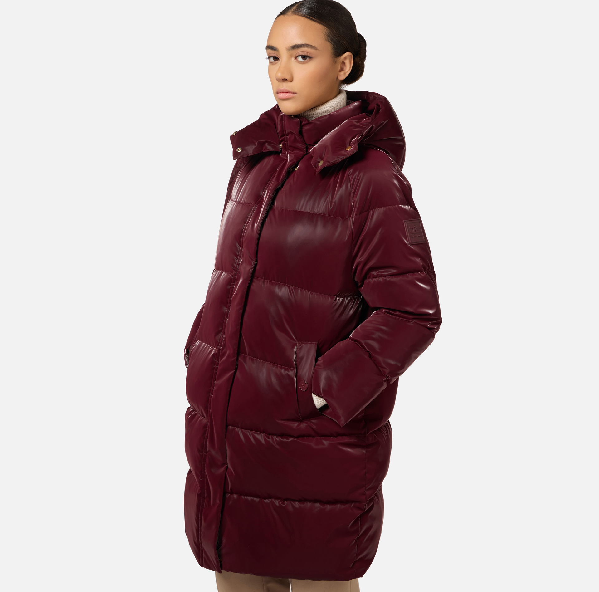 Anorak long en nylon de satin à capuche - Elisabetta Franchi® Outlet