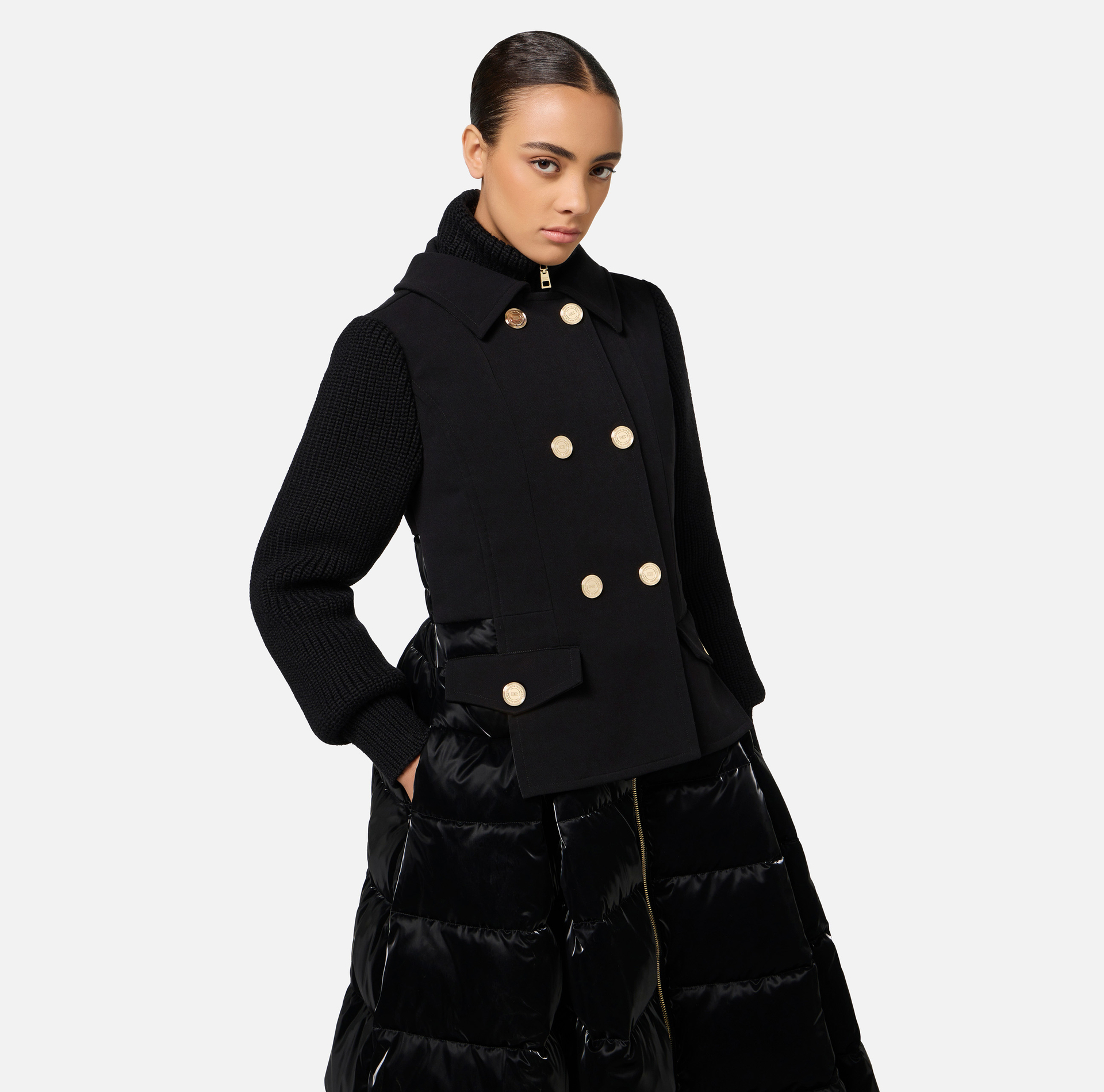 Down jacket in nylon and cloth fabric with circle skirt - Elisabetta Franchi® Outlet