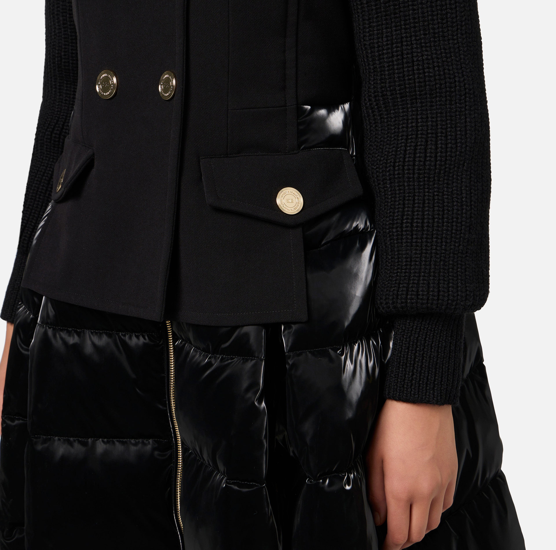 Down jacket in nylon and cloth fabric with circle skirt - Elisabetta Franchi® Outlet