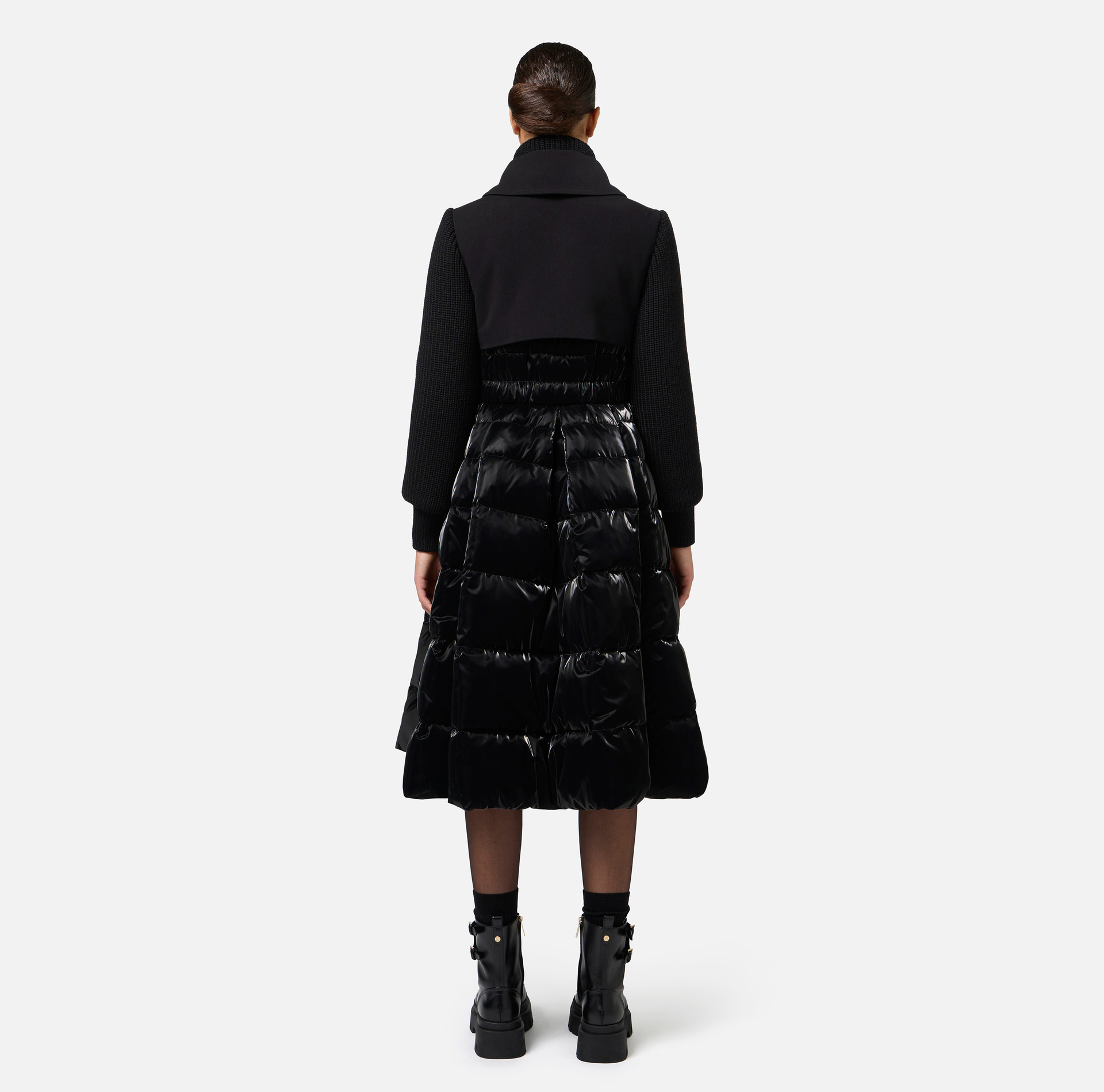 Down jacket in nylon and cloth fabric with circle skirt - Elisabetta Franchi® Outlet