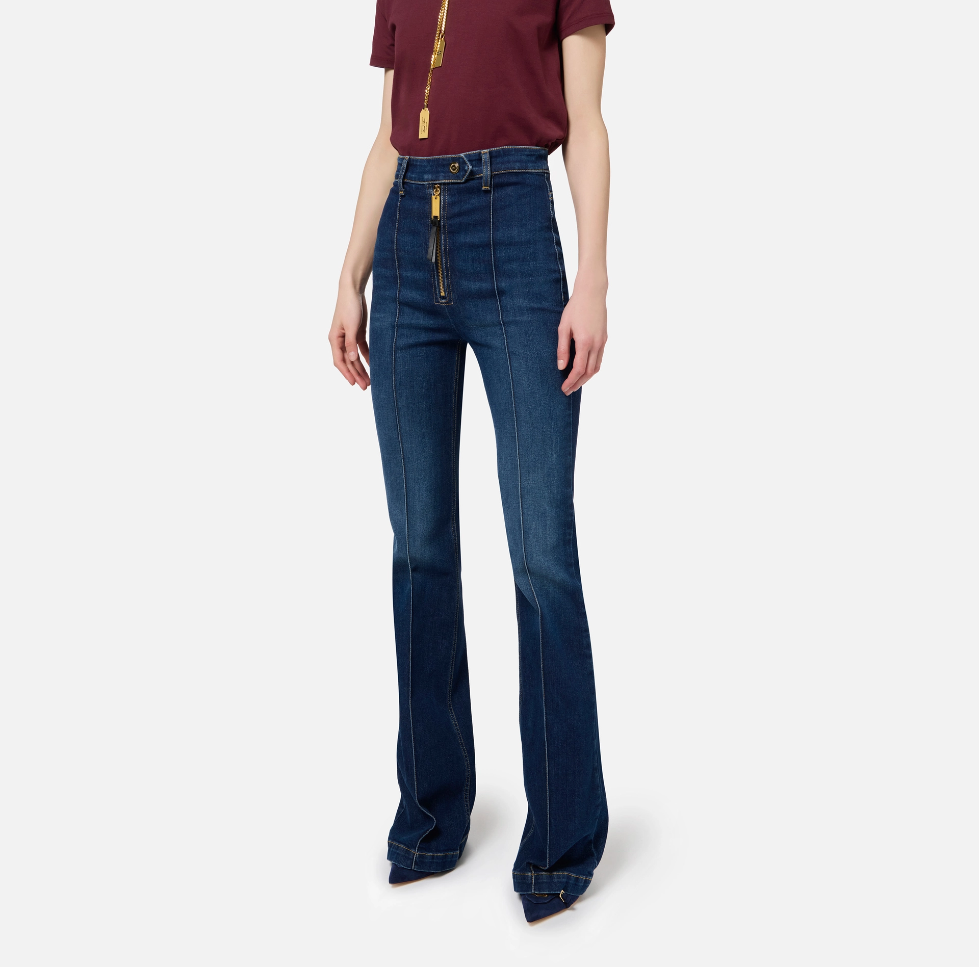 Bell-bottom stretch cotton jeans with ribs - Elisabetta Franchi® Outlet