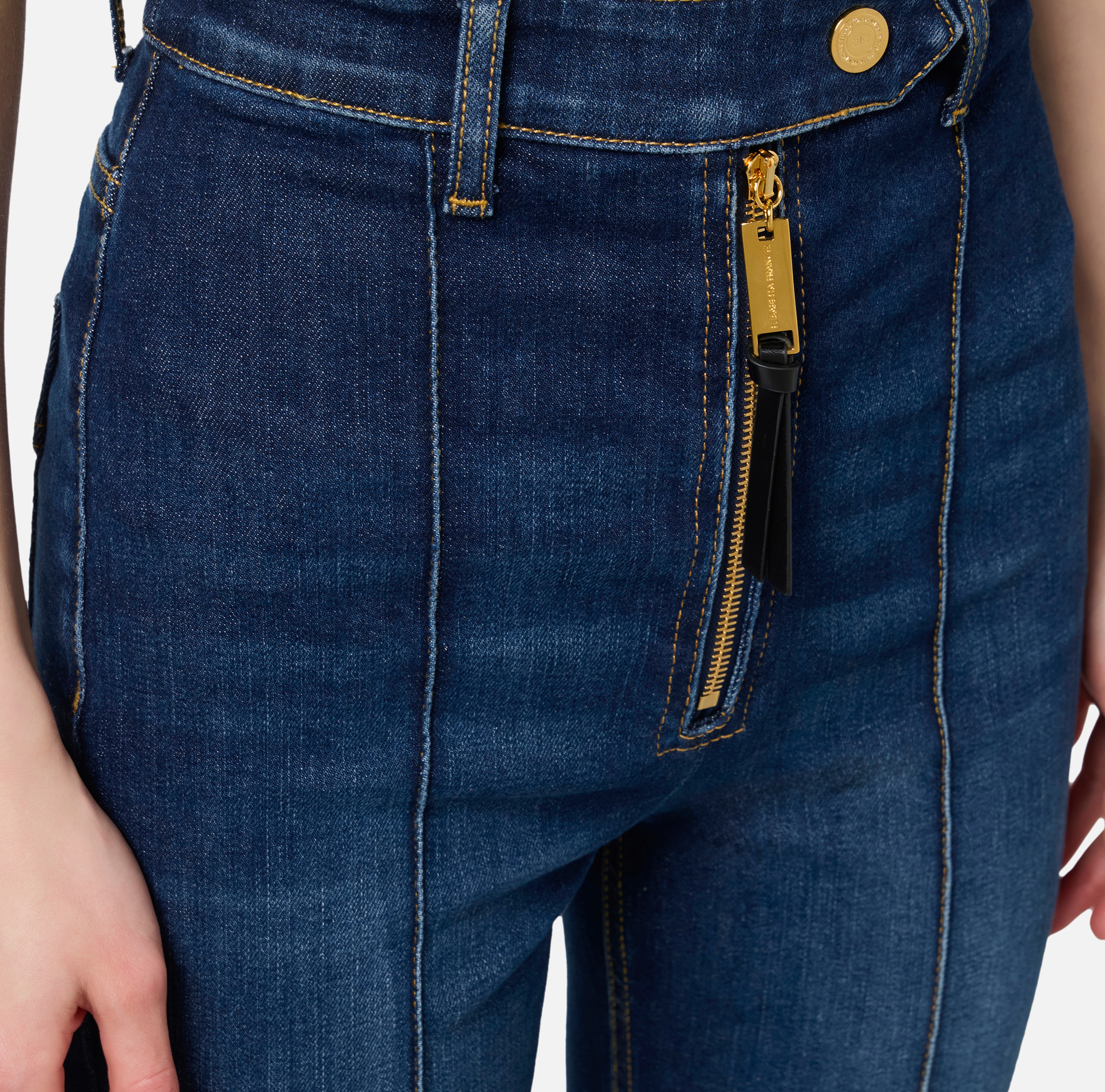 Bell-bottom stretch cotton jeans with ribs - Elisabetta Franchi® Outlet