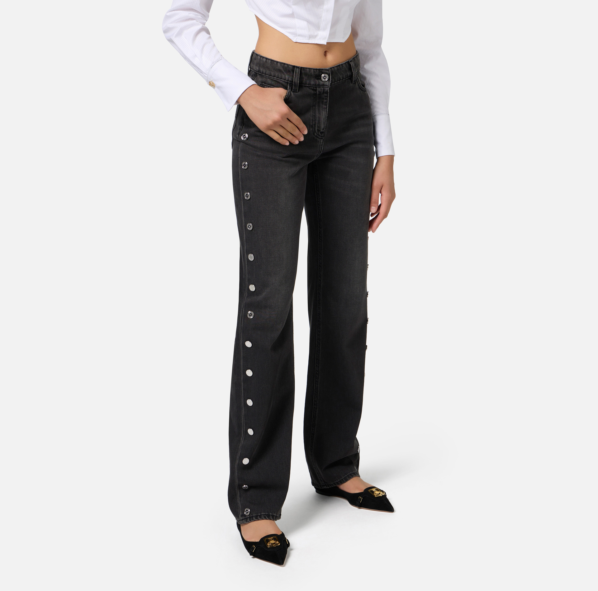 Straight cotton jeans with buttons on the hips | Elisabetta Franchi® Outlet