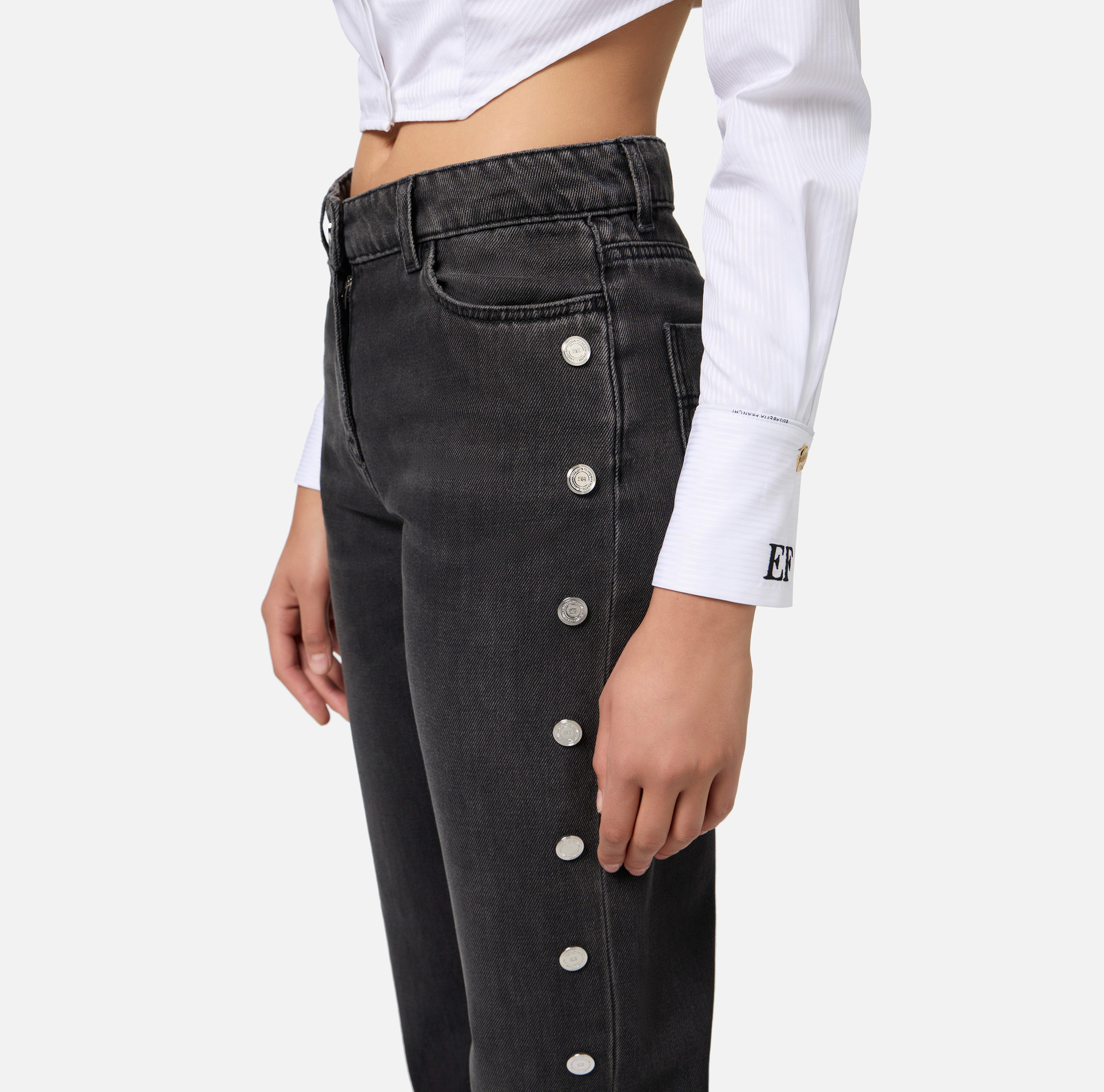 Straight cotton jeans with buttons on the hips | Elisabetta Franchi® Outlet