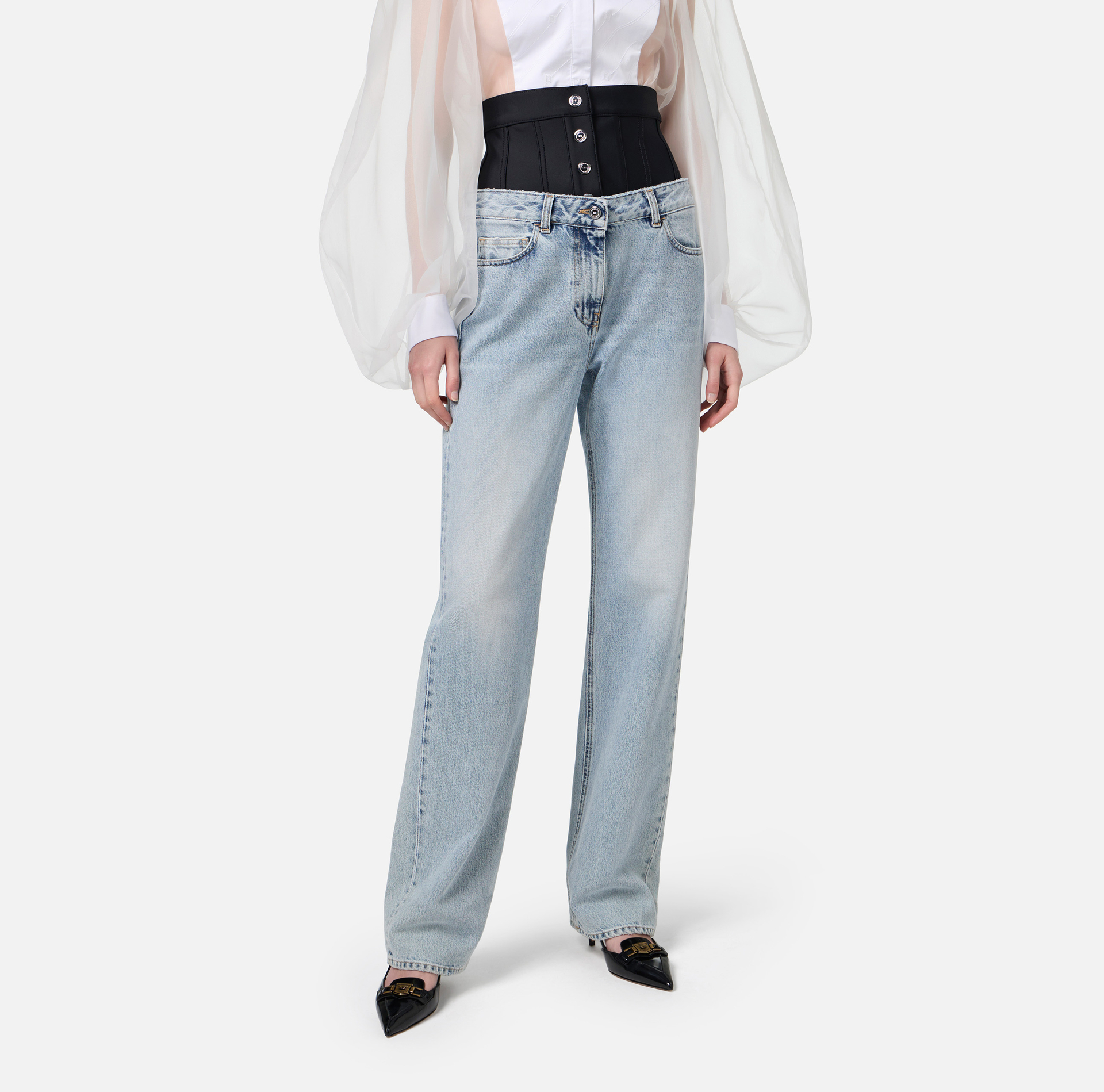 Straight organic cotton jeans with neoprene corset - Elisabetta Franchi® Outlet